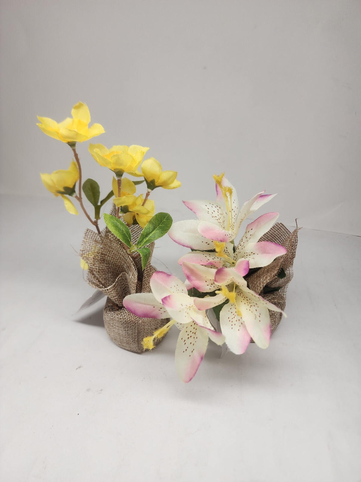 Lot of 2 True Living Floral Arrangements Artificial Burlap Yellow White Flowers