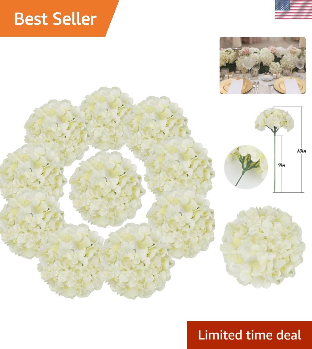 Versatile 10-Piece Ivory Silk Hydrangea Heads with Customizable Stems for Events