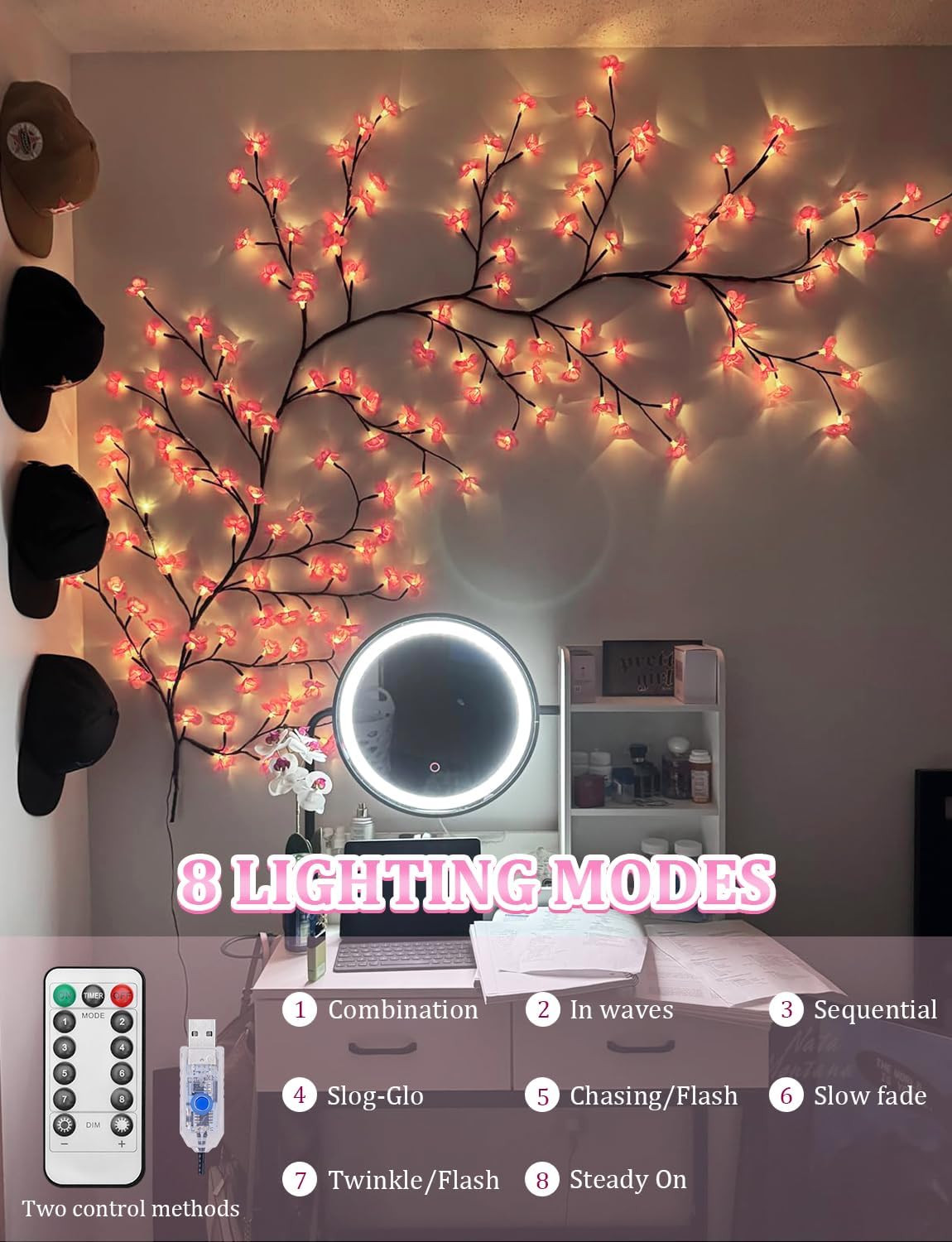 4 FT Cherry Blossom LED Lights with Remote, 8 Modes for Aesthetic Room Decor