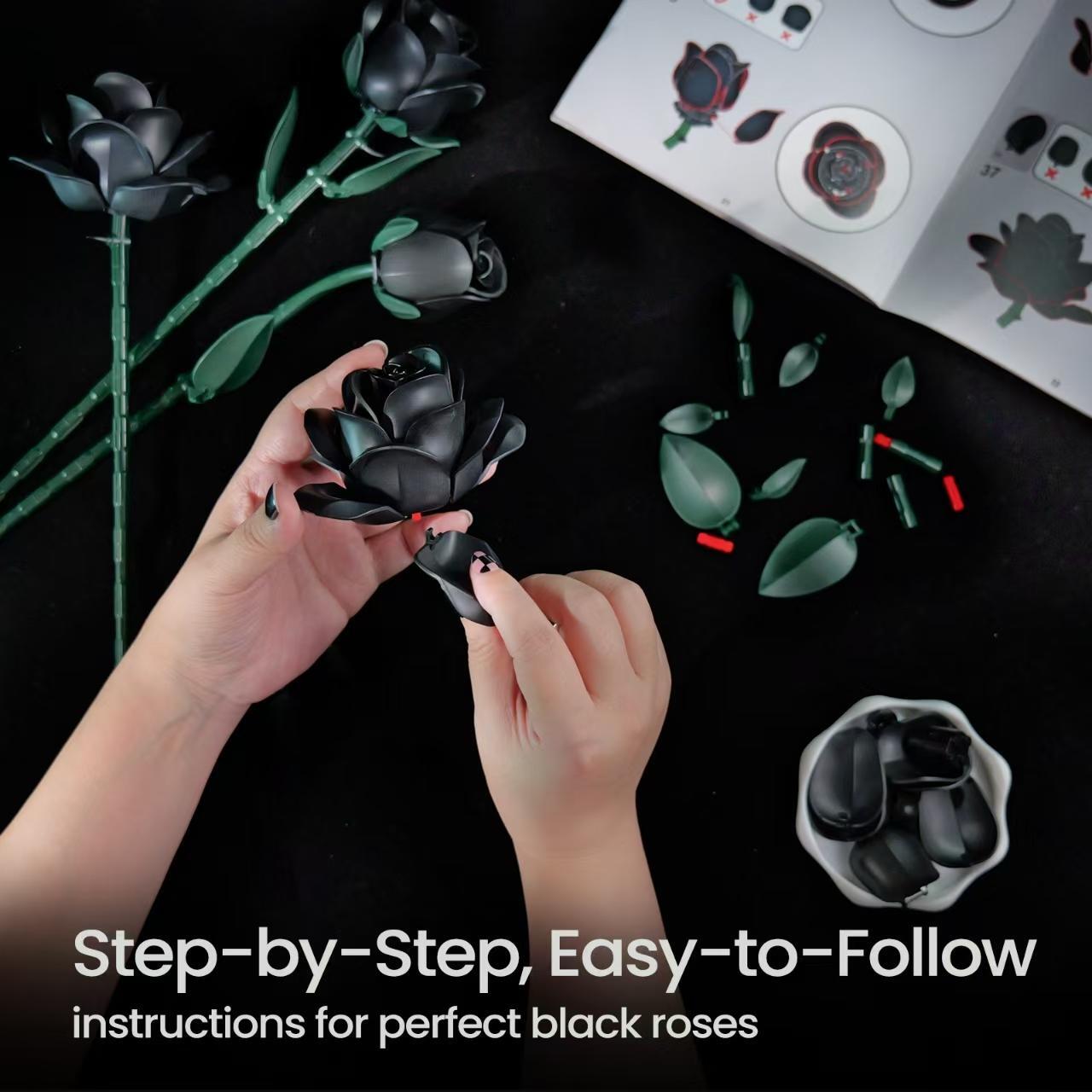 Black Rose Bouquet Building Blocks Set Simulated Flowers Plant Home Decoration