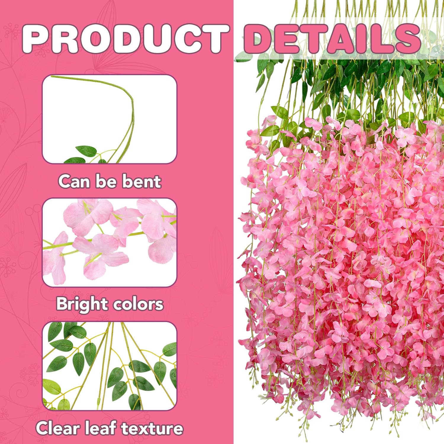 12 Pack Pink Silk Wisteria Hanging Flowers 3.6 Ft Garland Wedding Arch Decor
