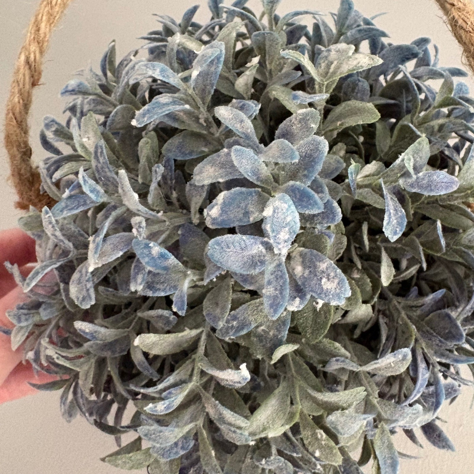 Faux Frosted Greenery Plant in Rustic Gray Pot with Jute Rope Handle Farmhouse