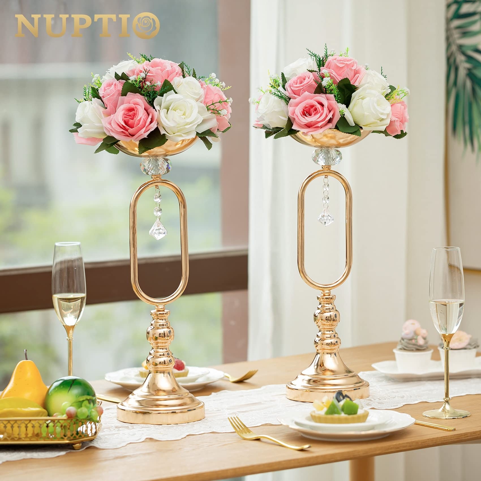 NUPTIO Pcs of 2 Fake Flower Ball Arrangement Bouquet,15 Heads Plastic Roses w…