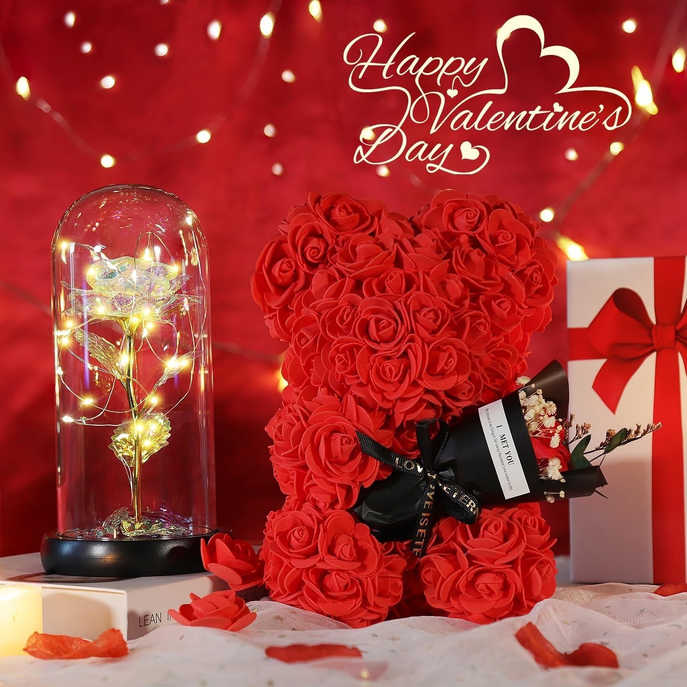 Unique Rose Teddy Bear Gift with Colorful Light for Valentines and Mothers Day