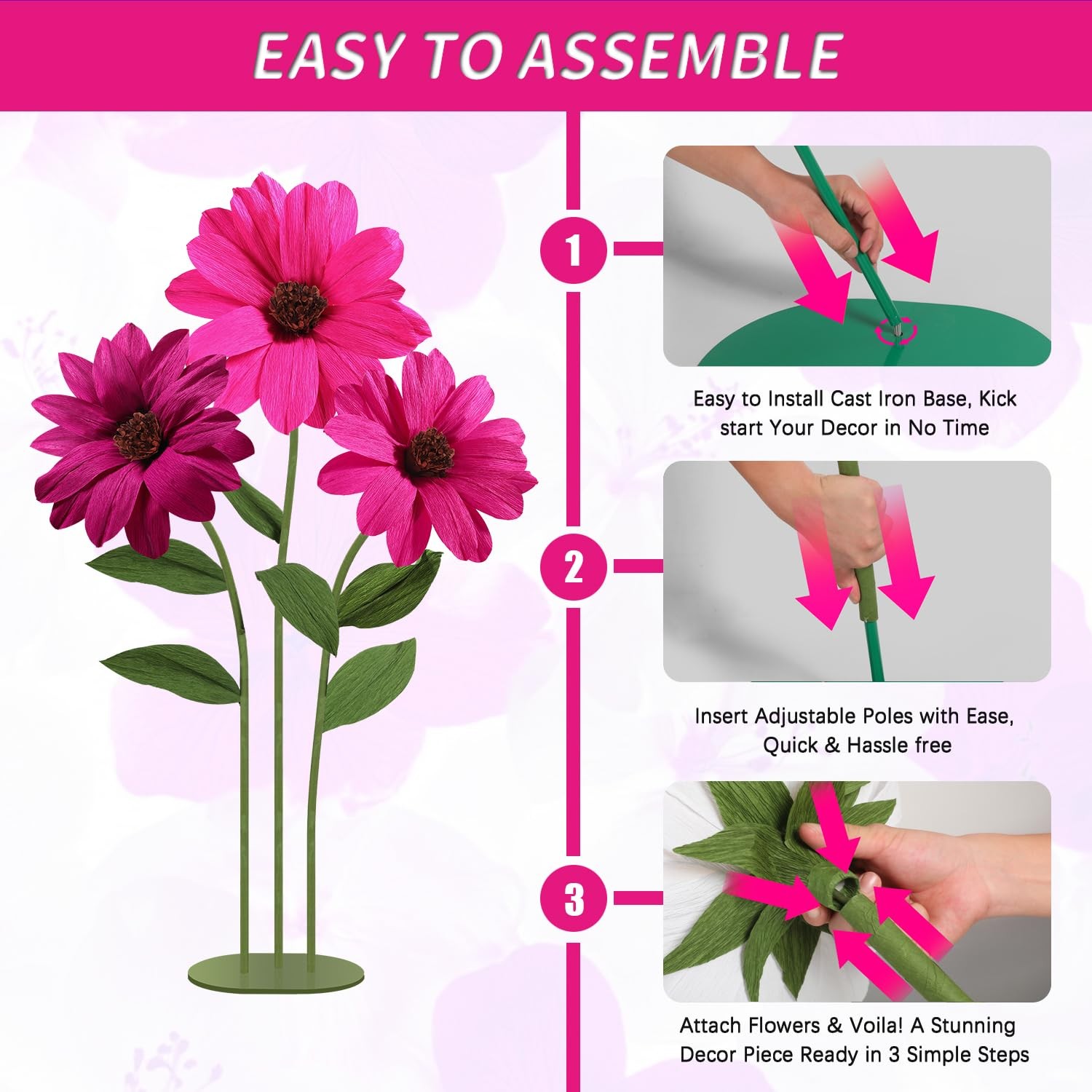 Giant Flower with Heavy Duty Iron Base Stand, Aluminum Pipe Stems | Large Art…