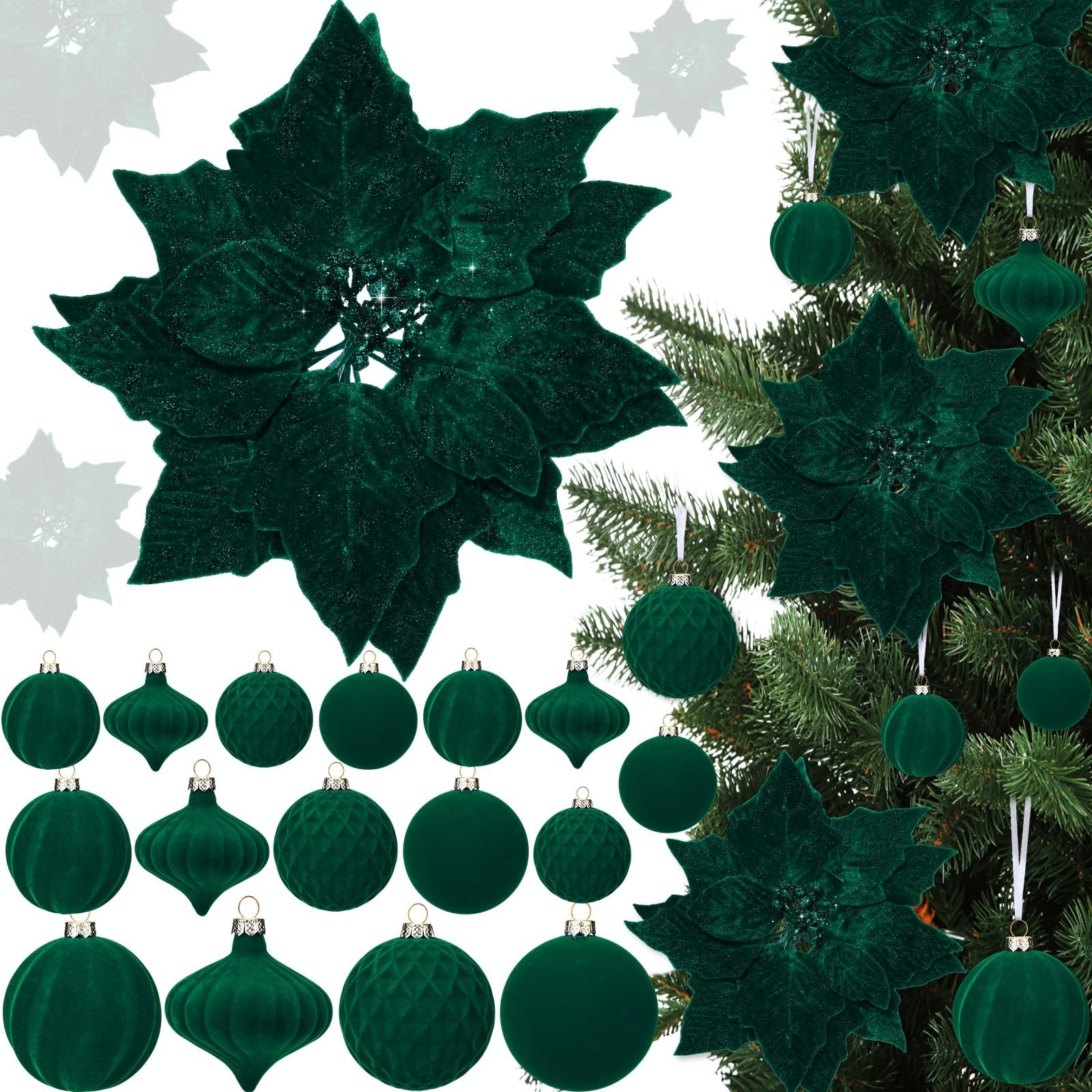 24 Pcs Velvet Poinsettia Christmas Tree Decor with 3.14 Inch Ball Ornaments I…