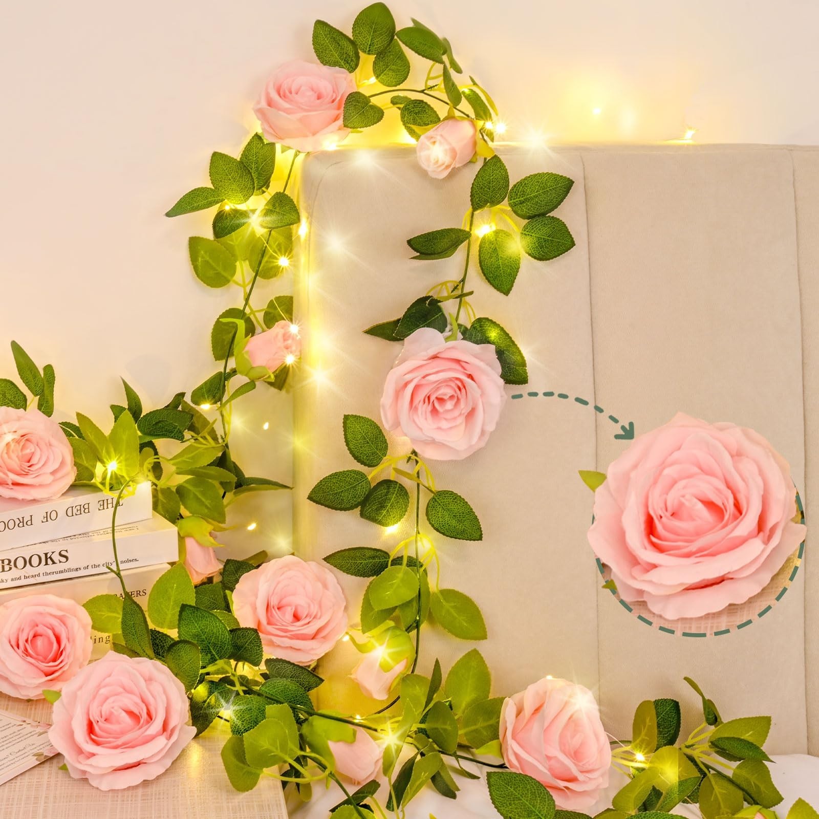 4 Pcs Pink Floral Garland with 39.2 Ft Lights – Fake Flower Decor for Weddings,