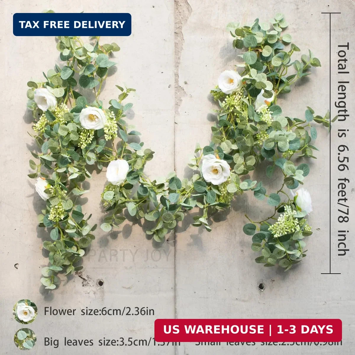 PARTY JOY 6.56ft Eucalyptus Garland with Flowers-8 White Roses, Artificial Fake
