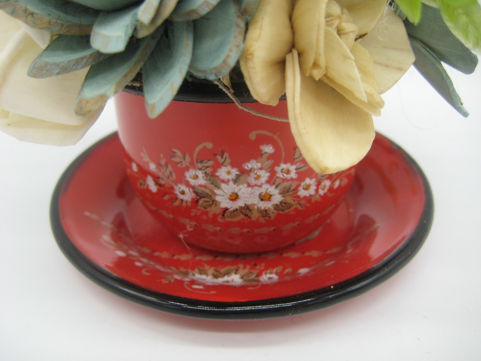 Wood Flower Arrangement – Vintage Enamelware Cup Saucer – Floral Table Decor