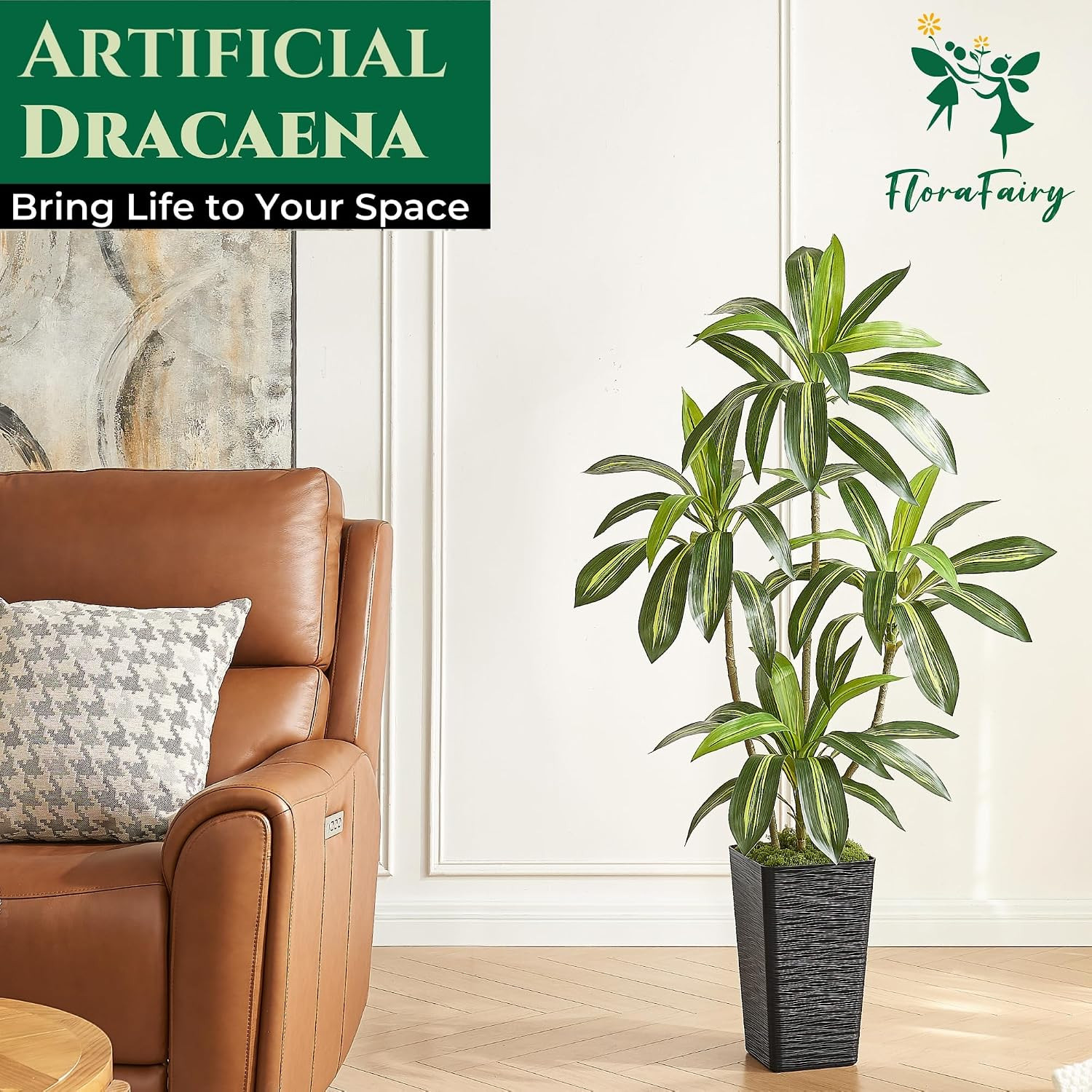 5FT Artificial Dracaena Tree with Black Planter and Fake Moss – Real Touch Fake