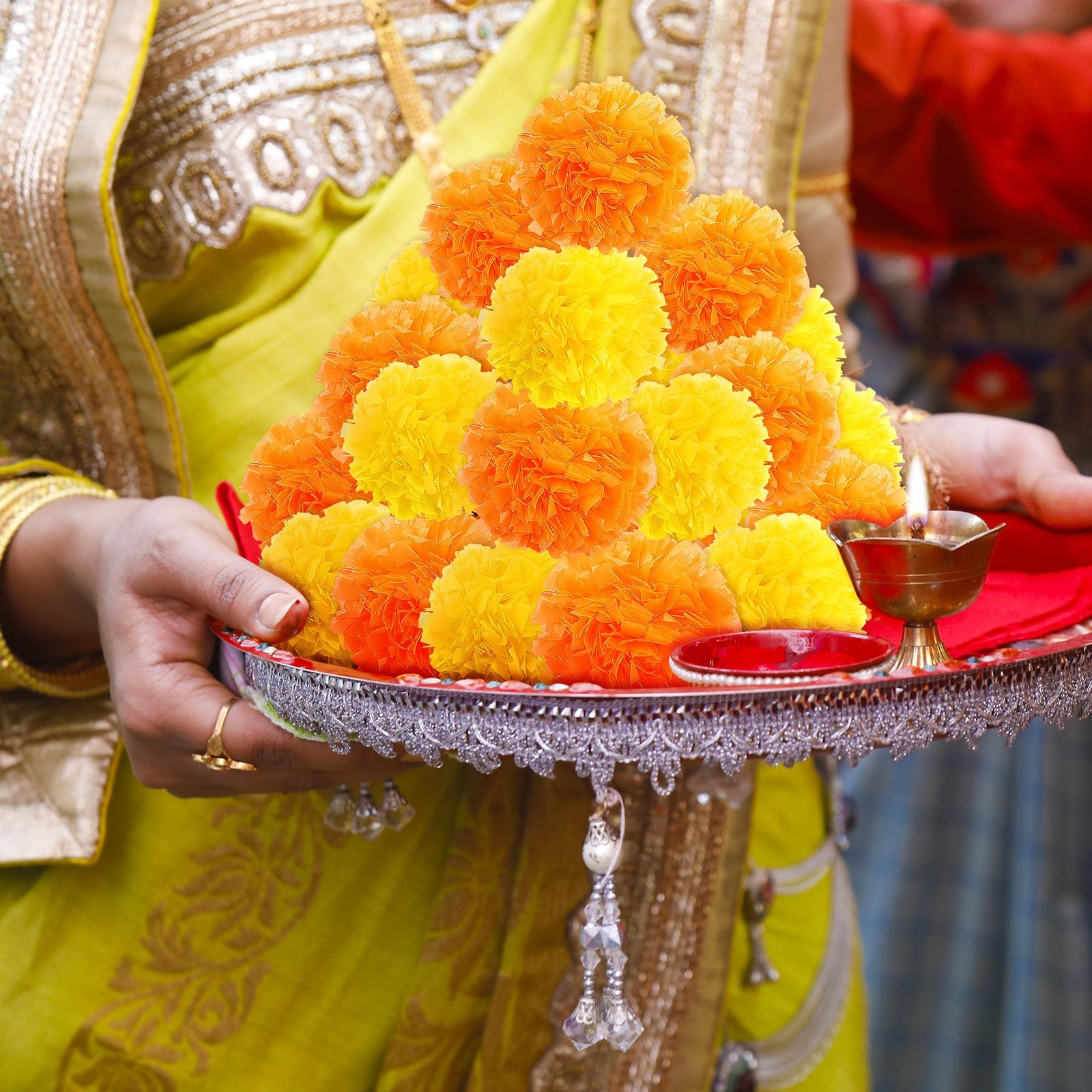 60PCS Diwali Marigold Flower Heads with Stems,Artificial Marigold Flowers for…