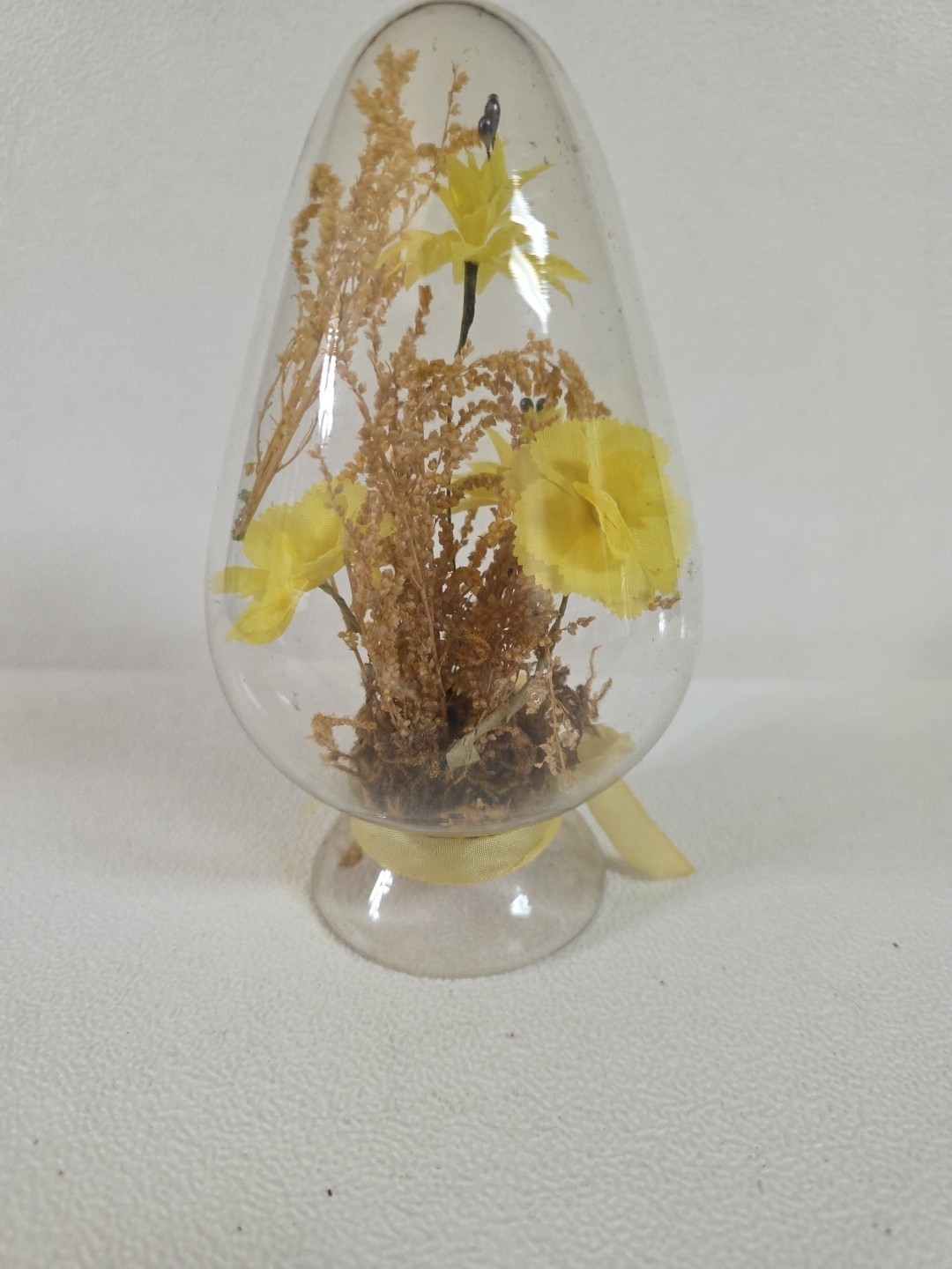 Vintage Clear Glass Dome Egg Cloche with Dried & Silk Flowers Yellow Bow