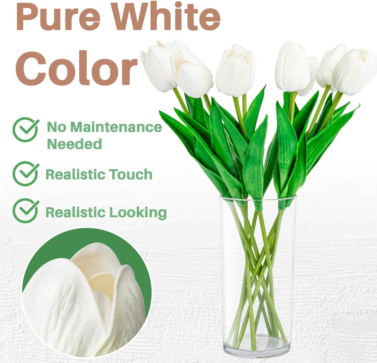 10 White Tulips Artificial Flowers – Fake White Tulips Real Touch White-10Pcs