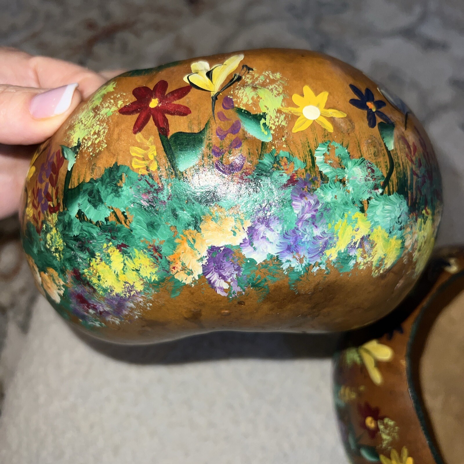 Hand Painted Gourd Bowls Lightweight Floral Butterflies Cottage About 7×5” SET