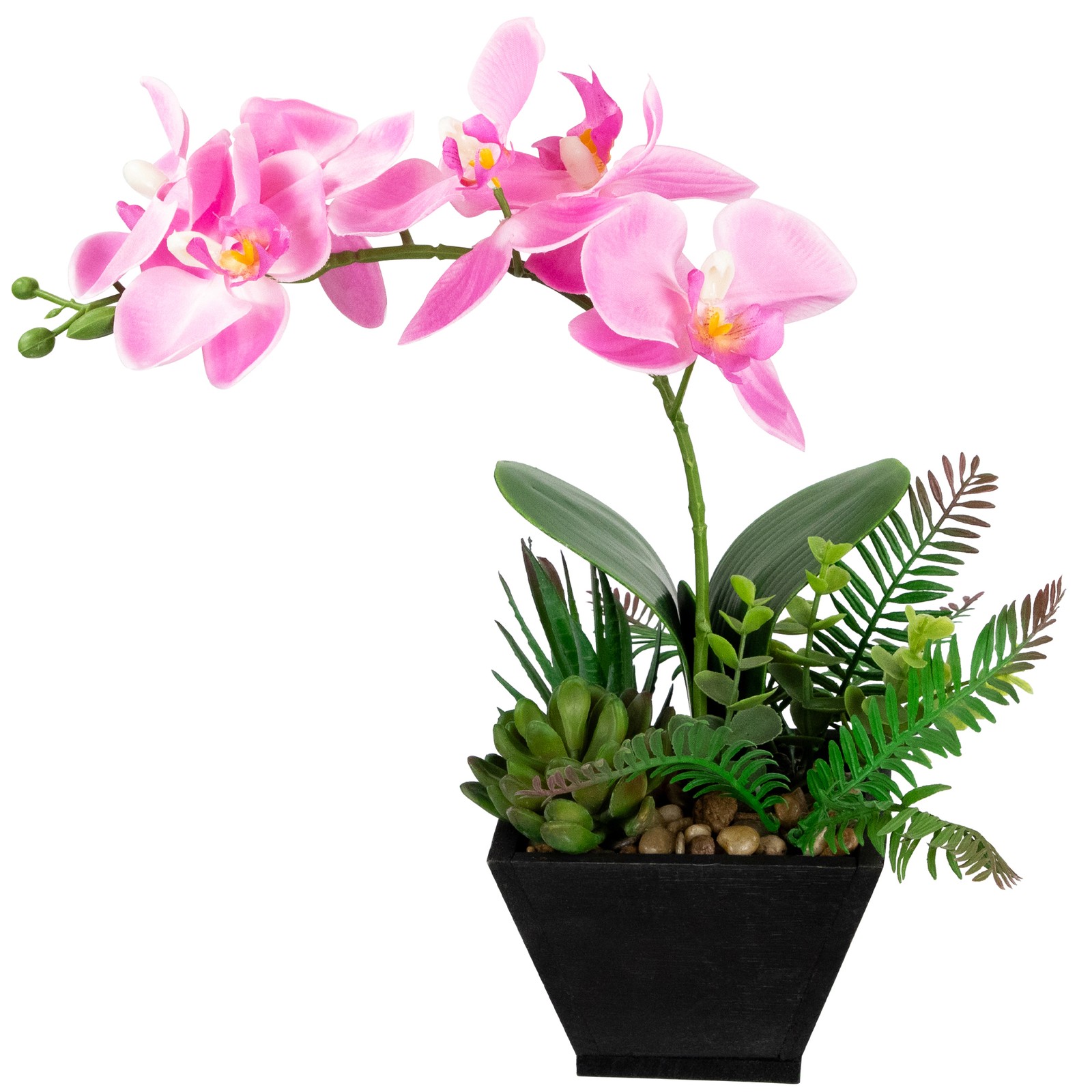 13″ Artificial White, Pink and Green Orchid Succulent Plants Square Black Pot
