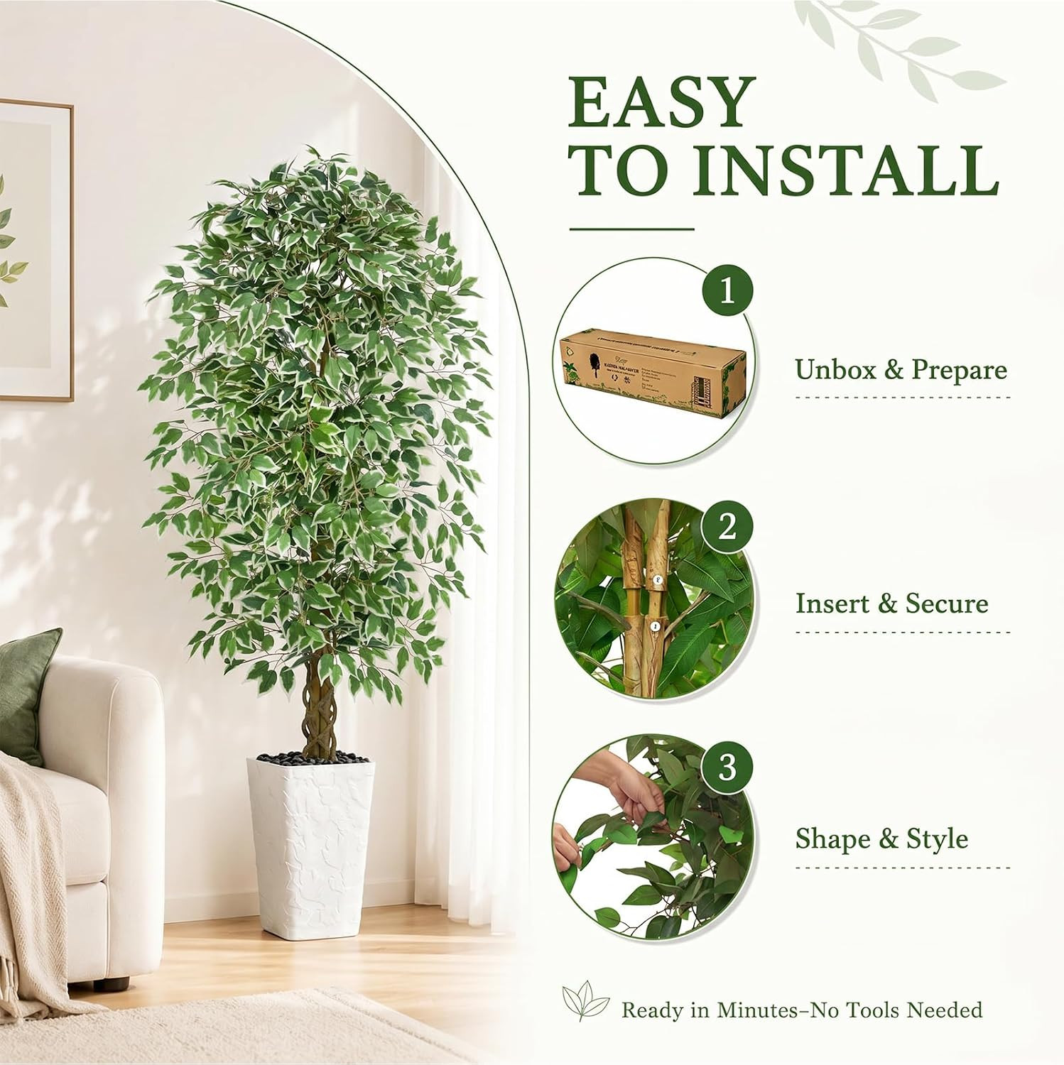 6FT Artificial Ficus Tree, Tall Fake Ficus Tree with Natural Wood Trunk & Silk L