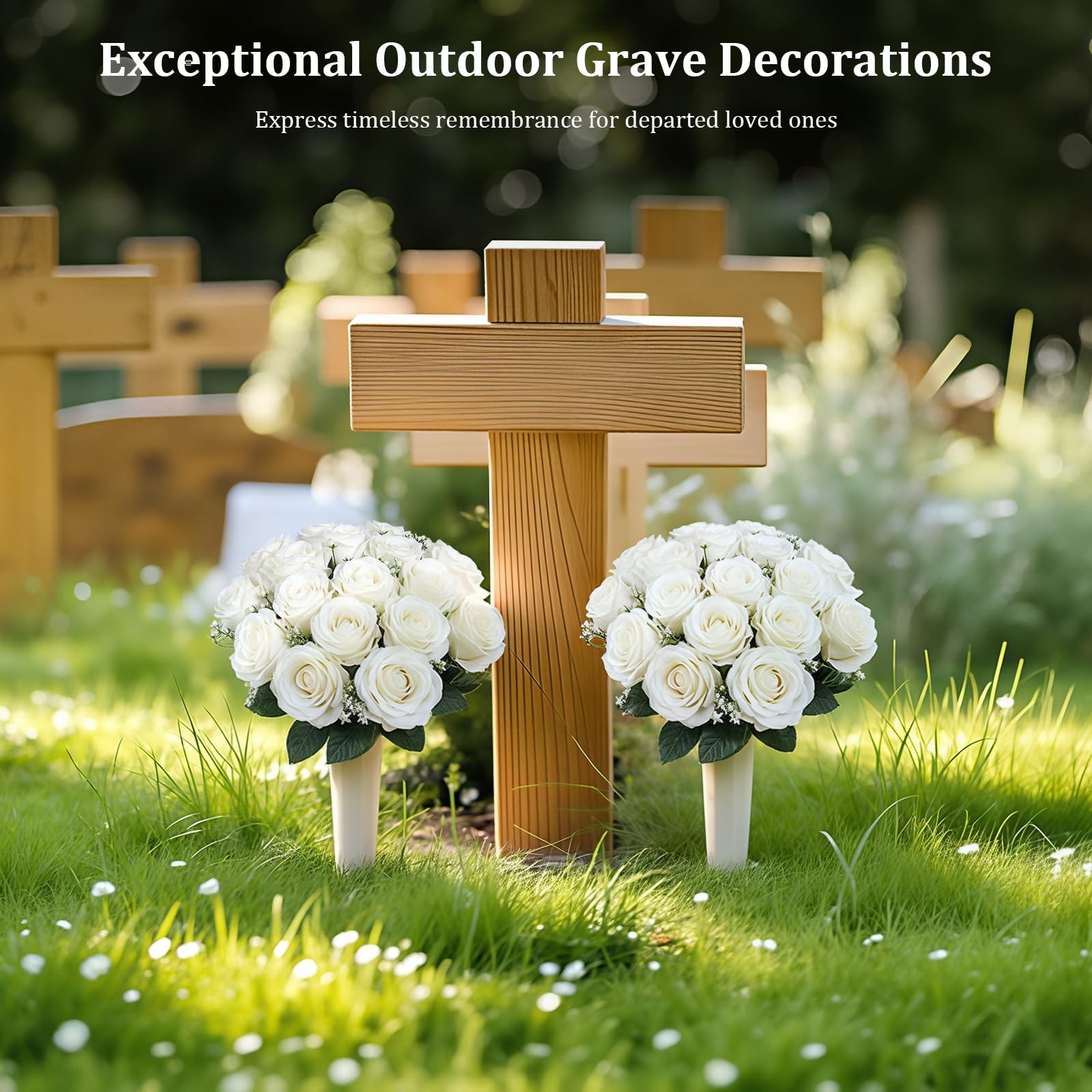 Artificial Cemetery Flowers 2 Sets UV Resistant White Silk Roses Outdoor
