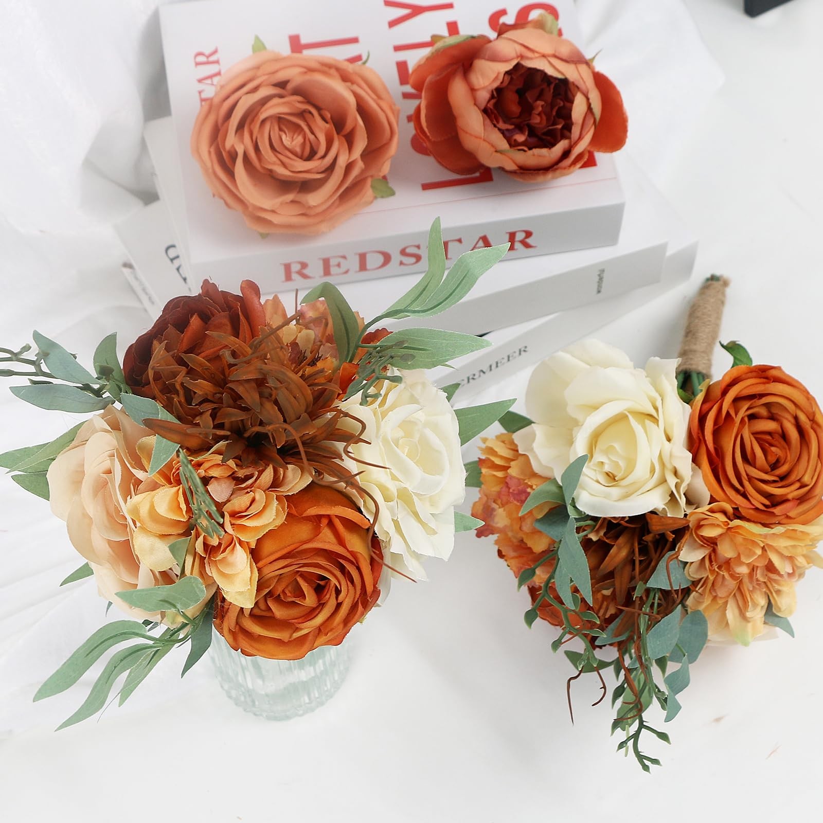 4 PCS 7 Inch Burnt Orange Artificial Flowers Bridesmaid Bouquet Wedding Decor
