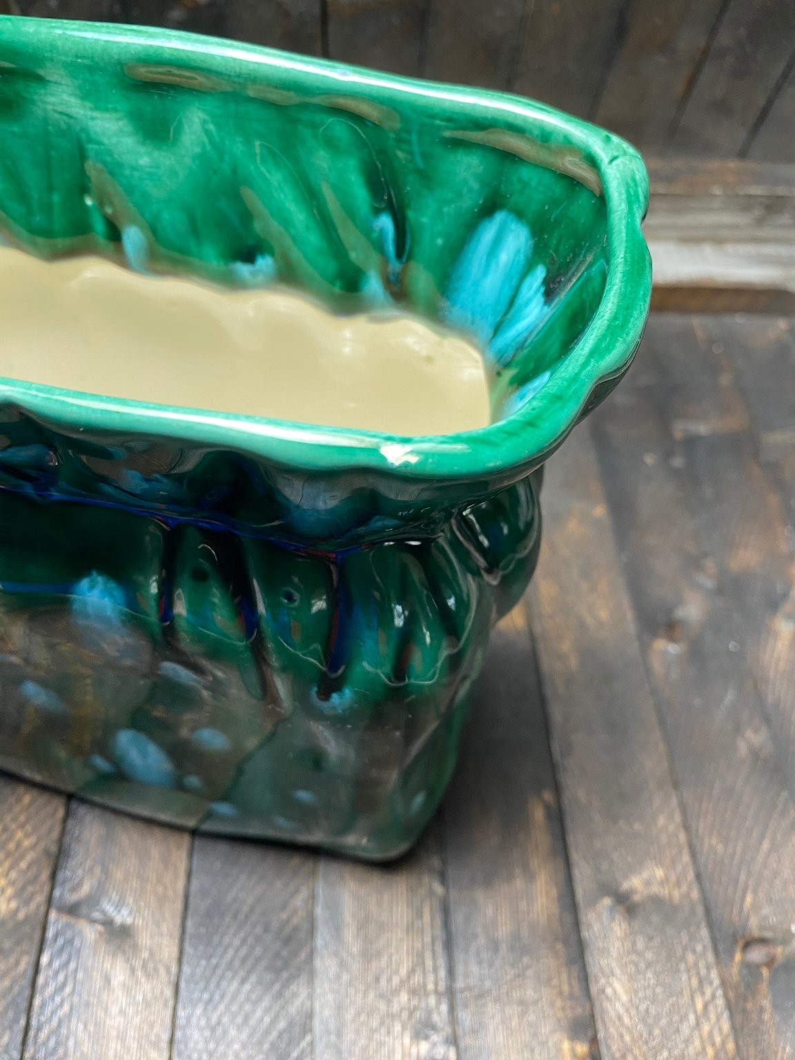 Vintage Ceramic Planter Drip Glaze Mid-Century Modern Vase 1980s Green Blue