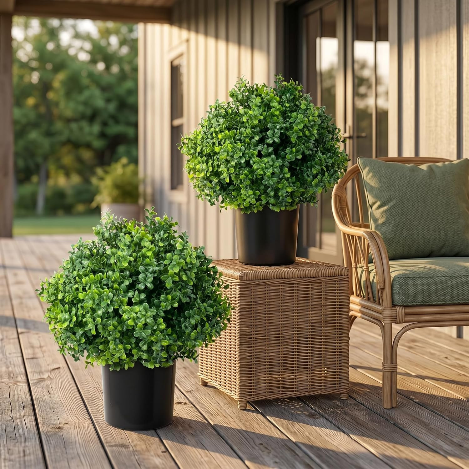 ENVEN Set of 2 Artificial Boxwood Topiary Trees for Front Door – Faux Realistic