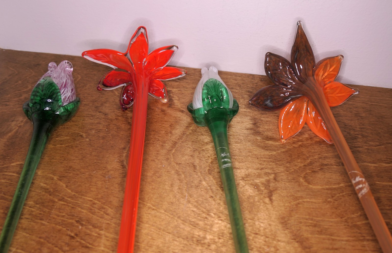 4 Art Glass Flowers Long Stem Czech Republic Royal Gallery Lilies Tulips 18″