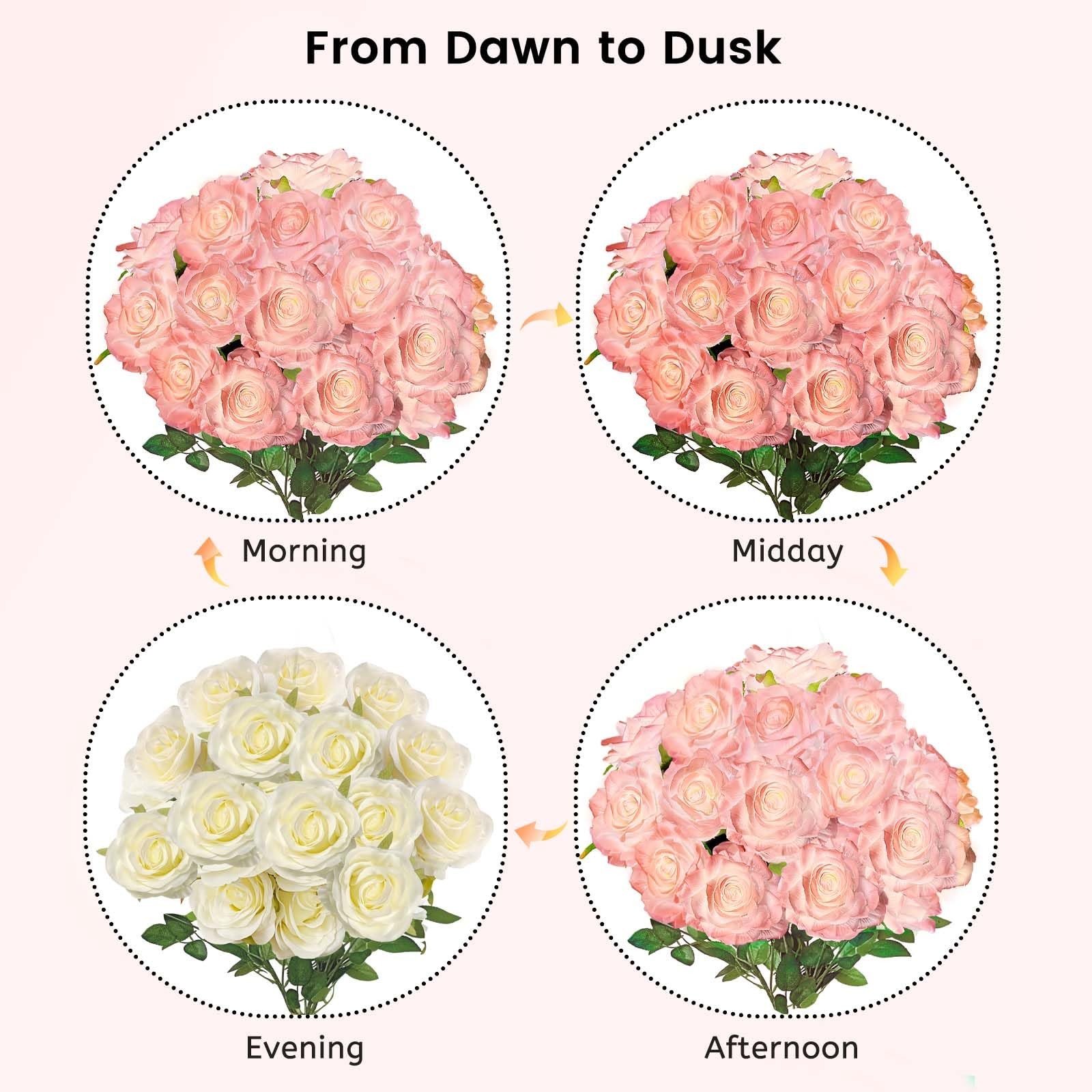 Color Changing Artificial Roses, 15 Blooms White to Pink Realistic Silk Flowe…