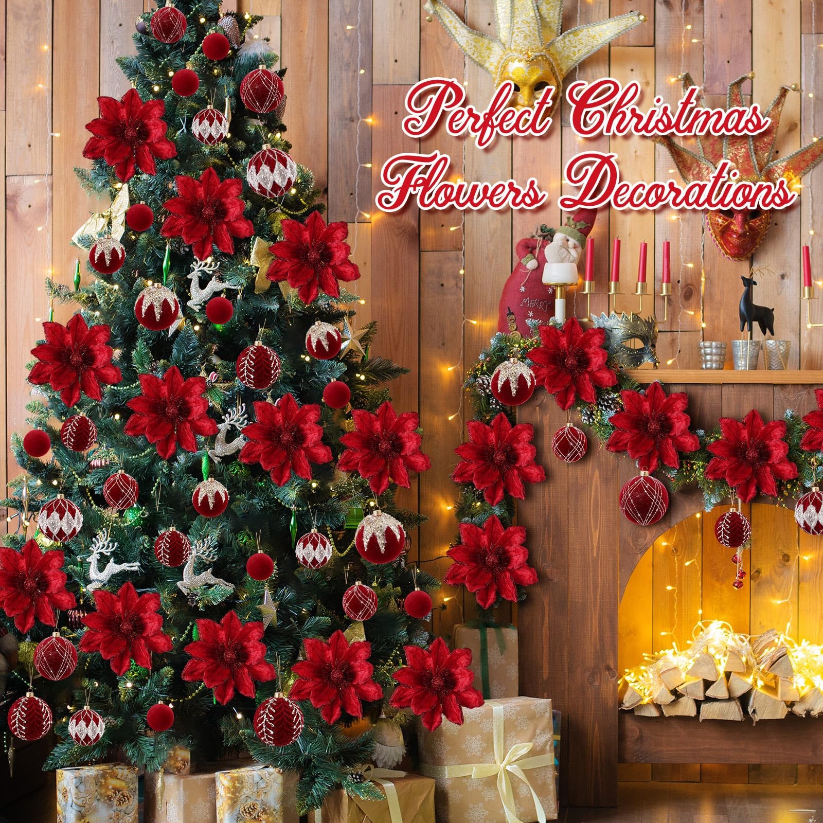 24 PCS Red Christmas 6.3 Inch Glitter Poinsettia Artificial Flowers Balls