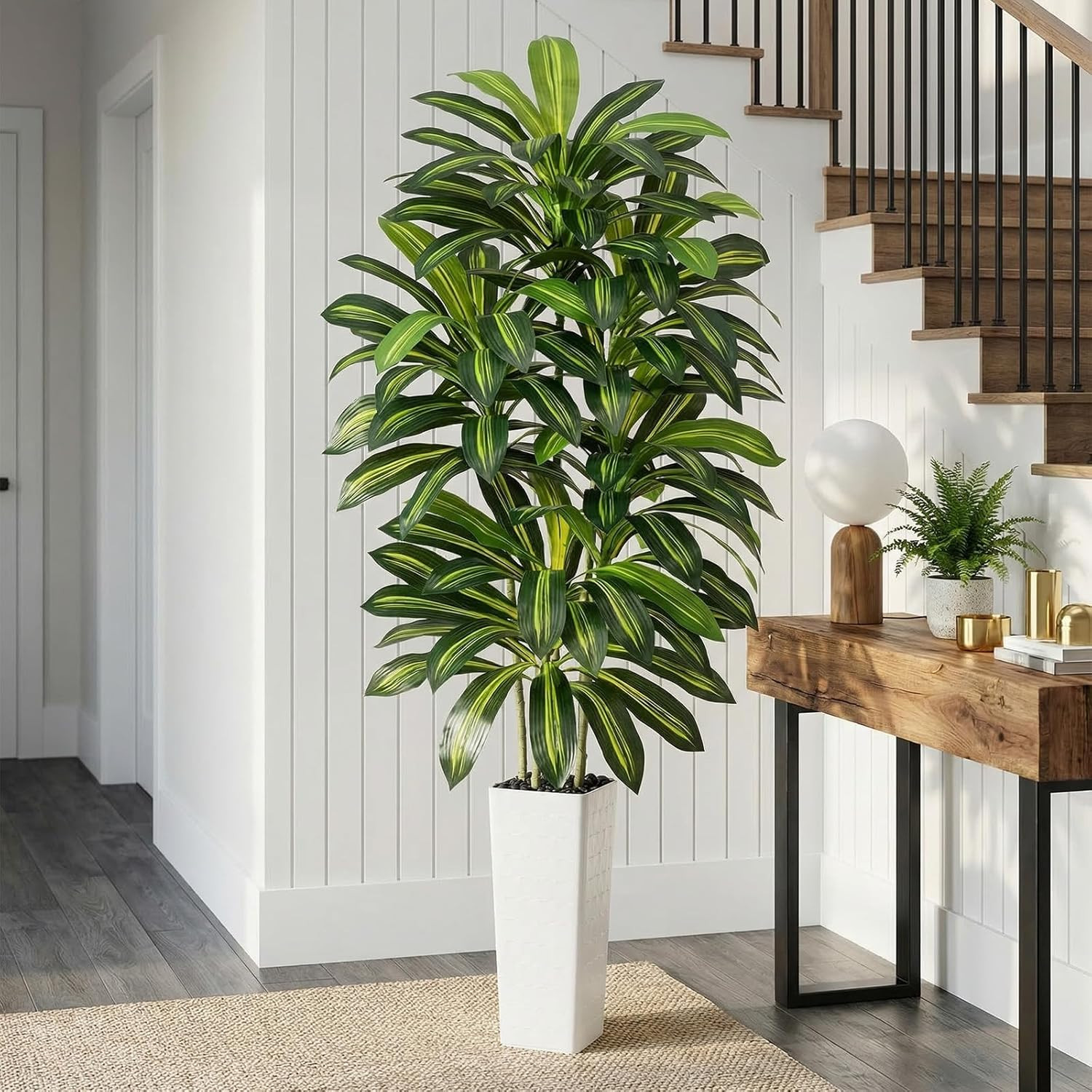 Artificial Dracaena Tree – 7FT Tall Fake Plants with White Tall Planter – Artifi