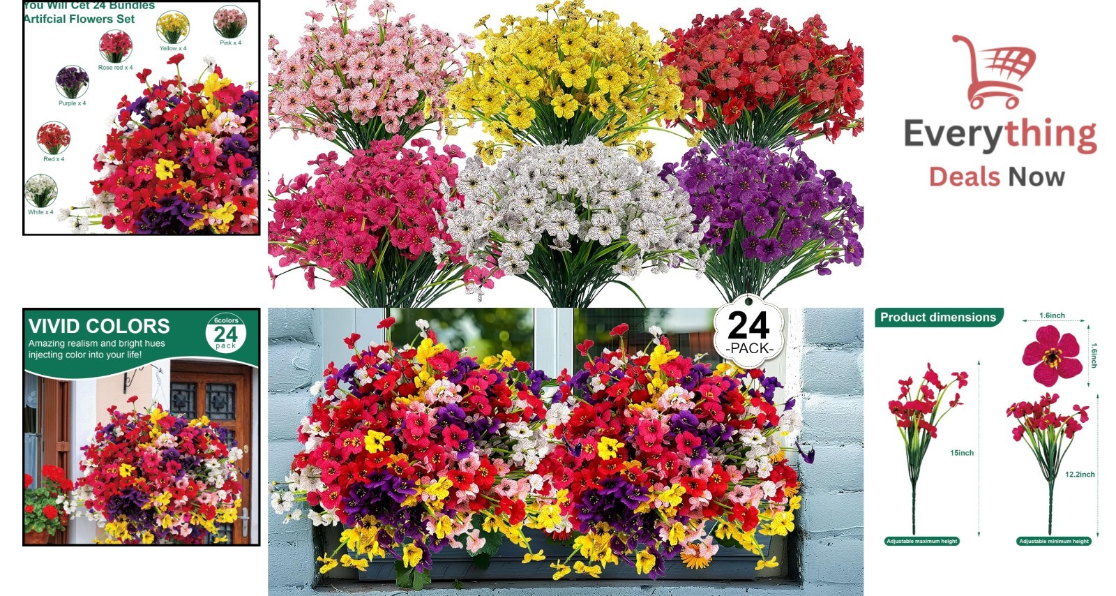 24 Pcs UV Resistant Artificial Outdoor Flowers Faux Plastic Plants Mixed 6 Color