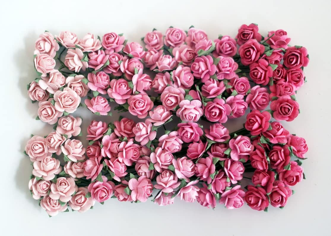 100 PCS Tiny Artificial Mulberry Paper Roses 1518mm Mixed Pink Scrapbook