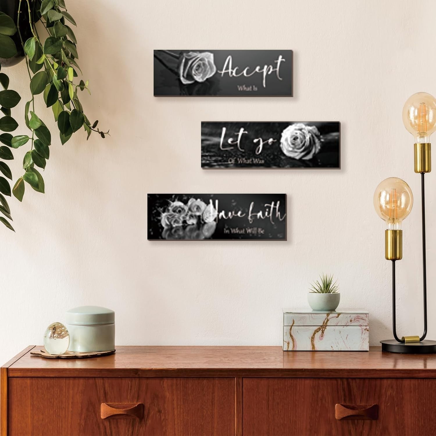 3-Piece White Rose Wall Decor with Inspirational Quotes | 12×4 Modern Art