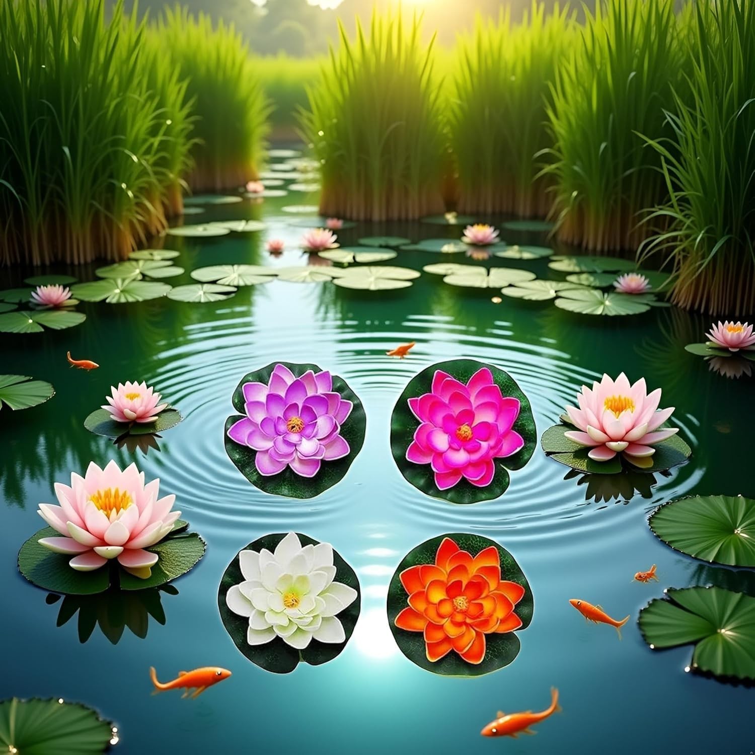 4Pcs Artificial Flowers Water Lily Foam Lotus Flower Pond Decor for Pond Pati…
