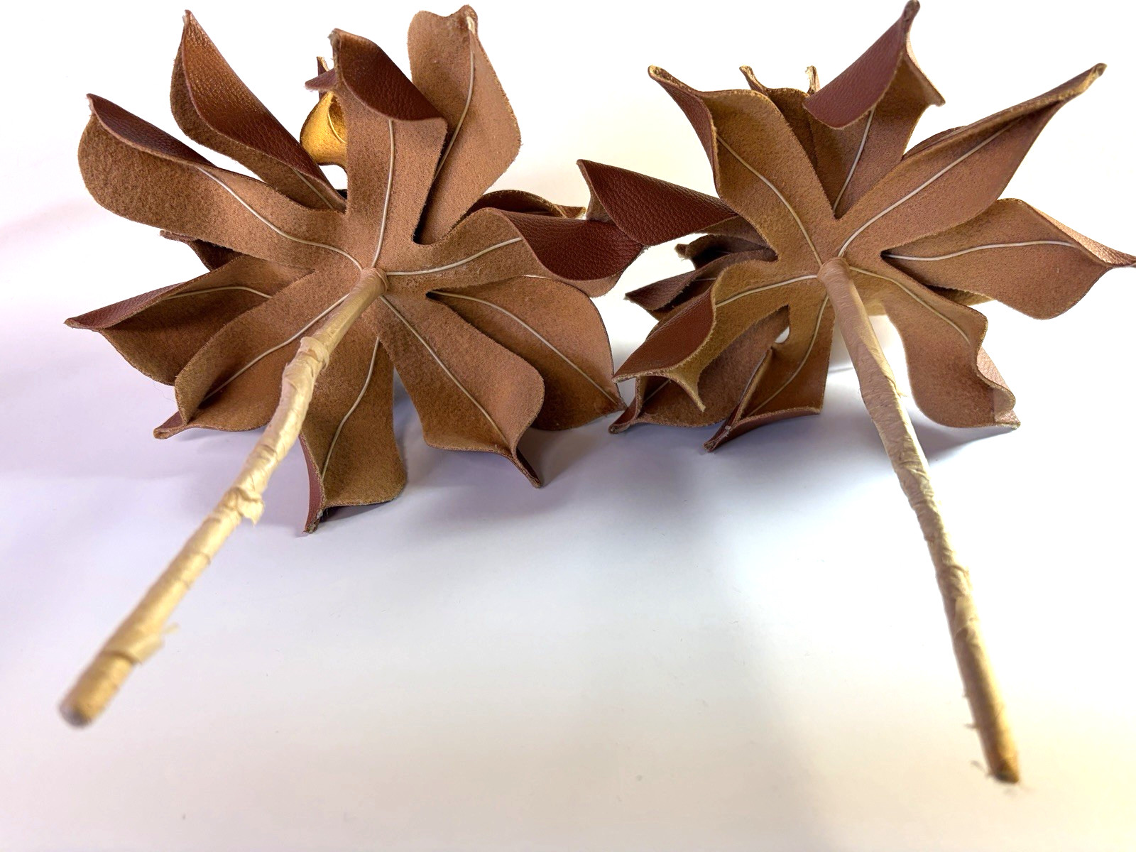 Natural Faux Leather Flowers on Stems 4 Brown Rustic Elegant Classic