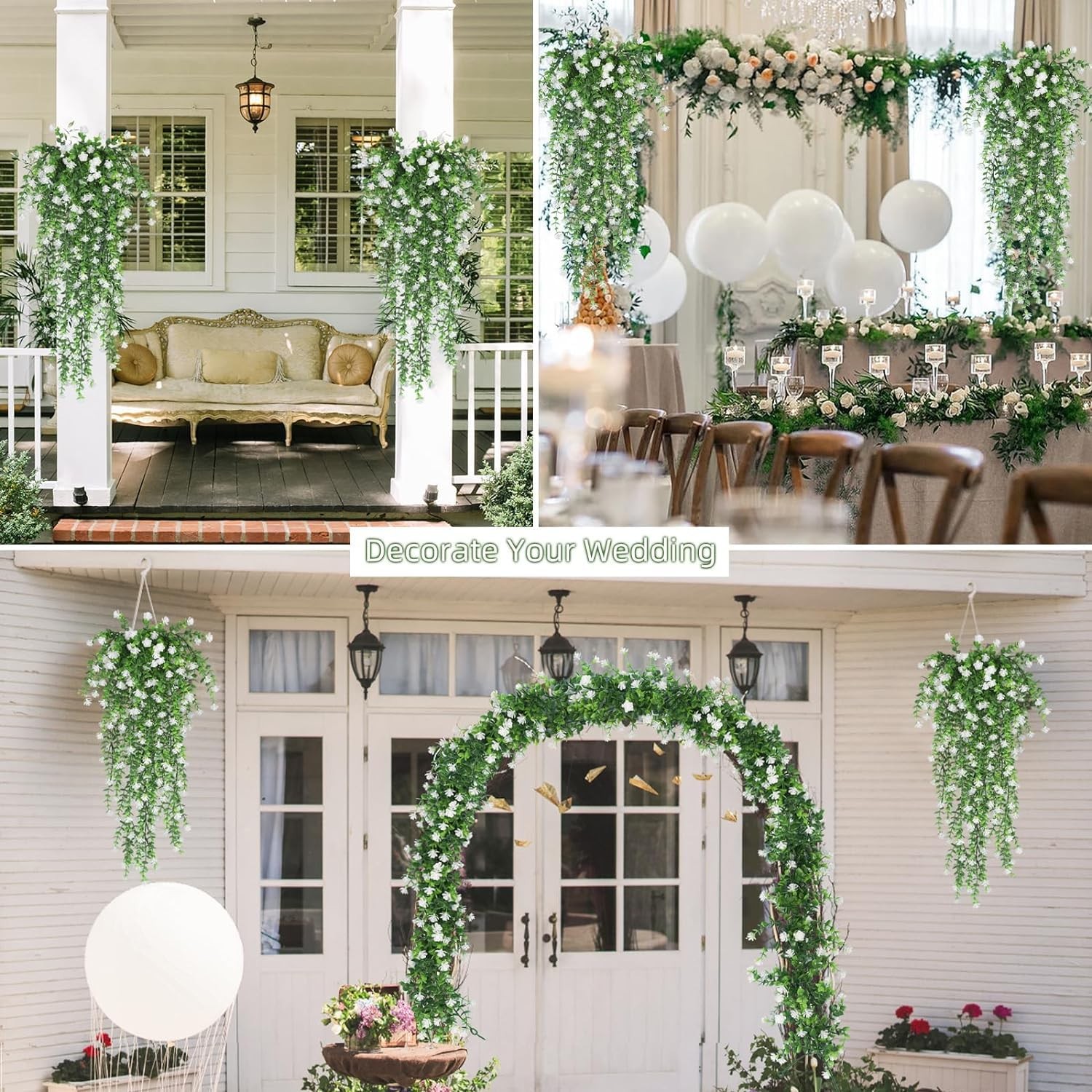3 PCS White Artificial Hanging Eucalyptus Flowers Faux Greenery Home Decor