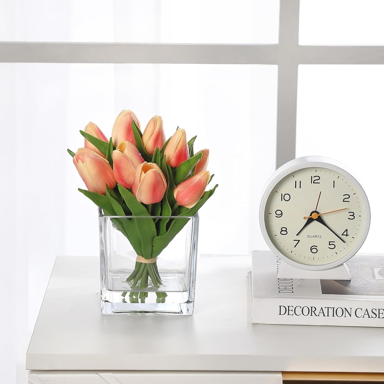 Orange Tulip Artificial Flower w/ Glass Vase Faux Water Silk Faux Tulip Flower