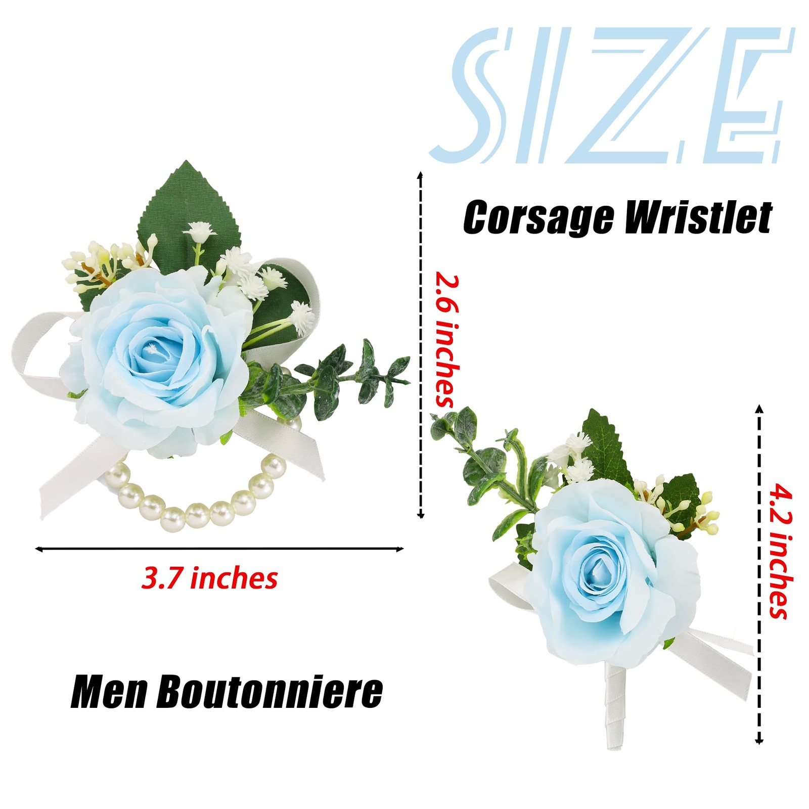 Light Blue Wrist Corsage Boutonniere Set Prom Wedding Men Flowers Party 2 PCS