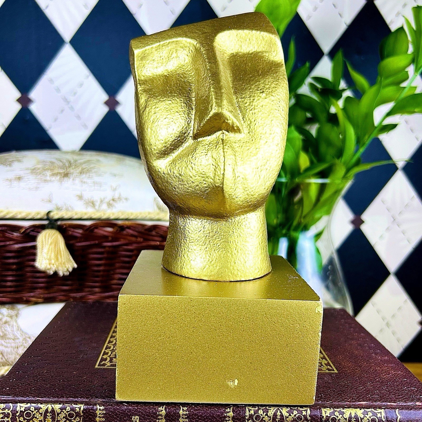 Golden Abstract Face Sculpture Modernist Hollywood Regency Décor