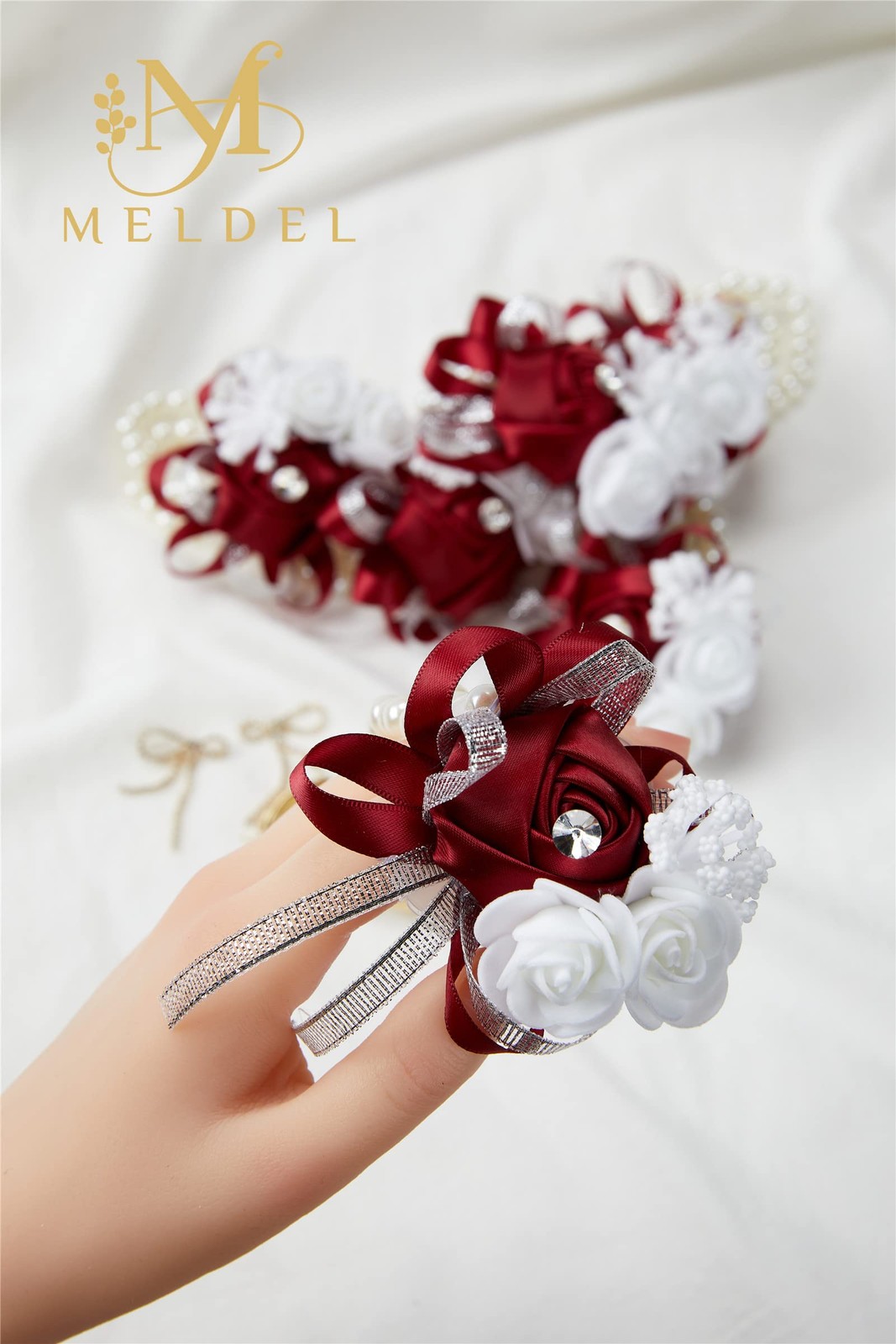 4 PCS Burgundy Wrist Corsage Wedding Rose Wine Red Set For Prom Bridal