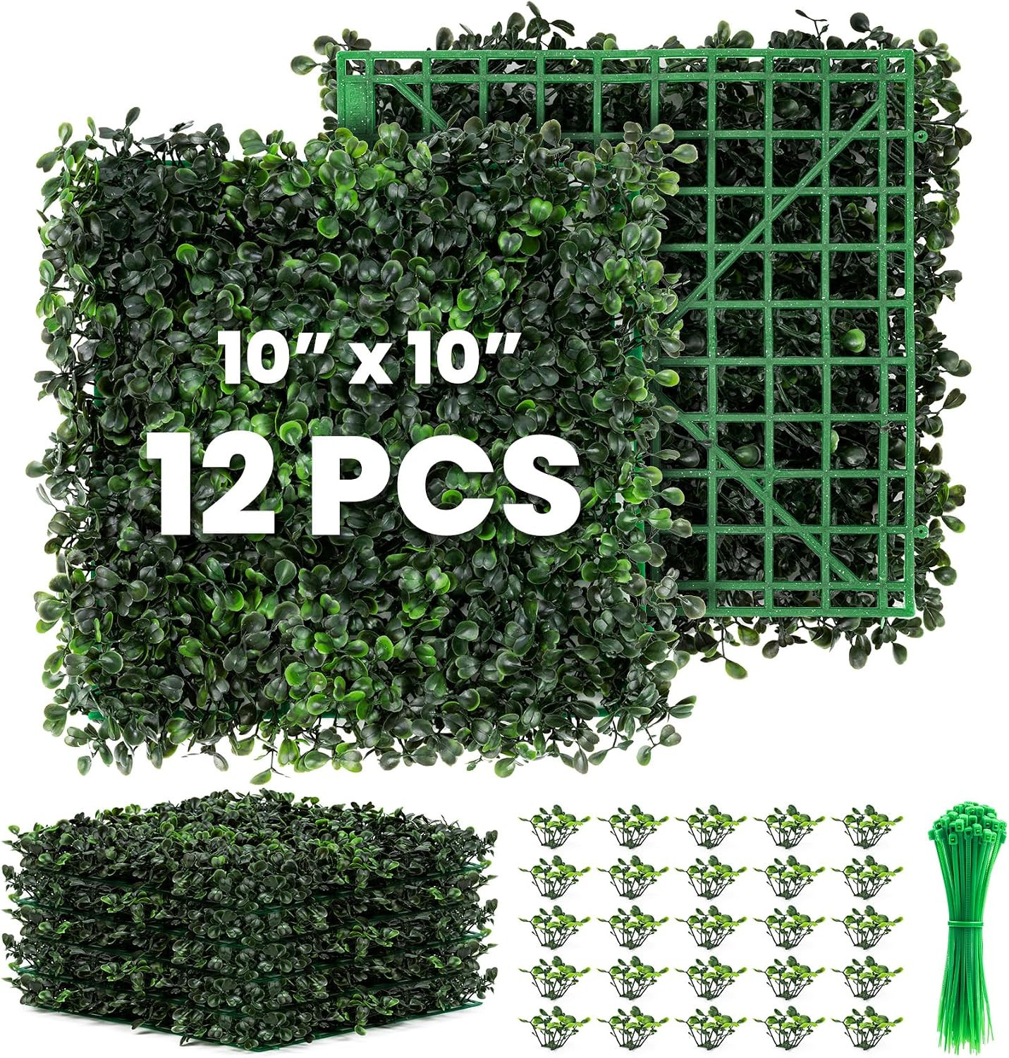 Grass Wall 12 Pack 10″X10″ Artificial Boxwood Hedge Wall Panels, Privacy Hedge