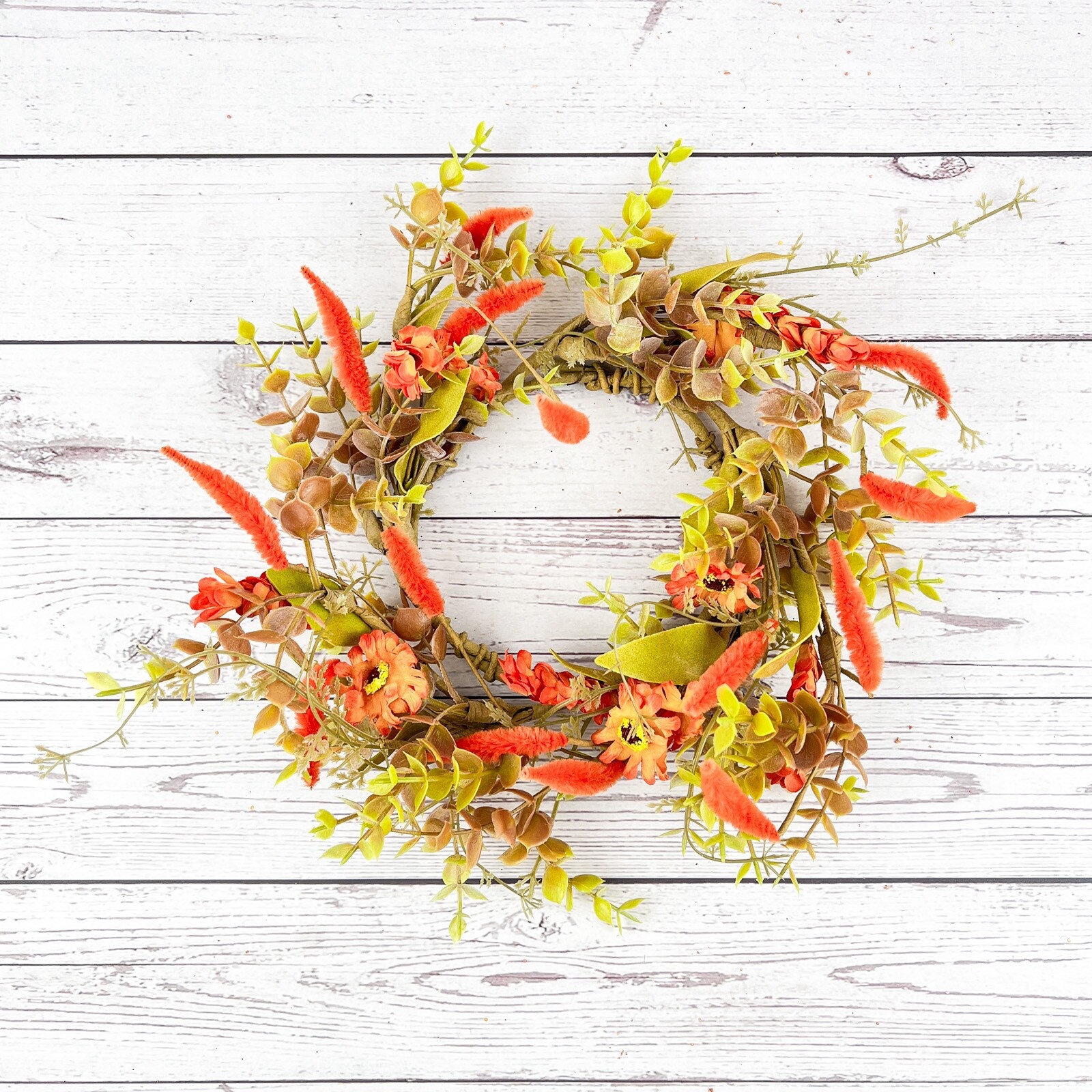 Trumpetvine and Sunflower Candle Ring / Wreath 4.5″ Inner Autumn Fall