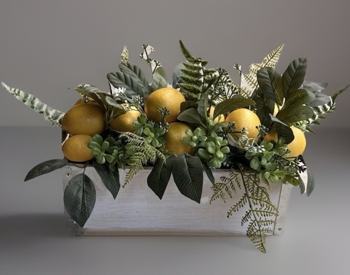 EUC Kirkland Farmhouse Lemon Floral White Wooden Box Centerpiece 13x12x4.75”