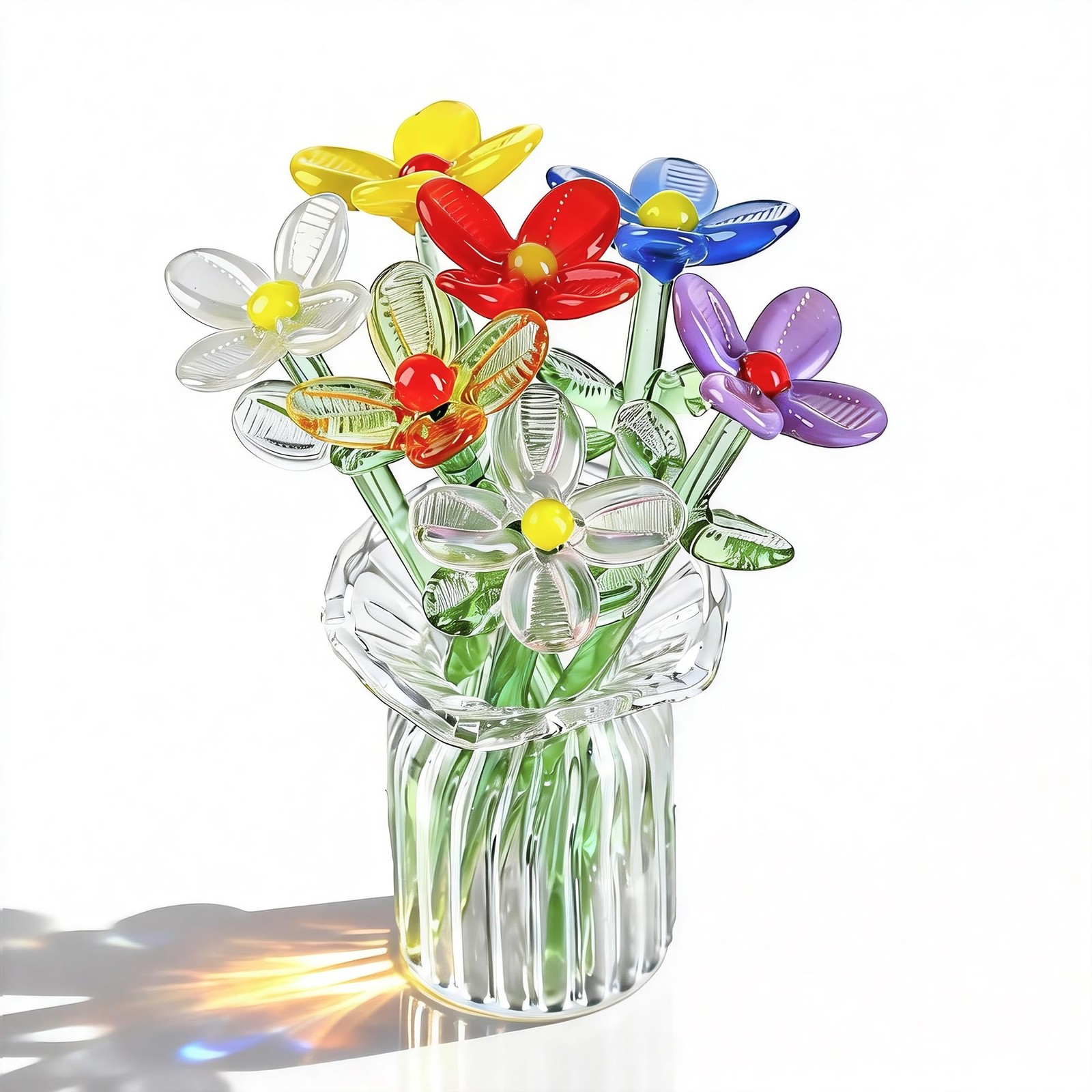7 Pcs Blown Glass Flower Bouquet with Vase Mini Crystal Artificial Flowers fo…