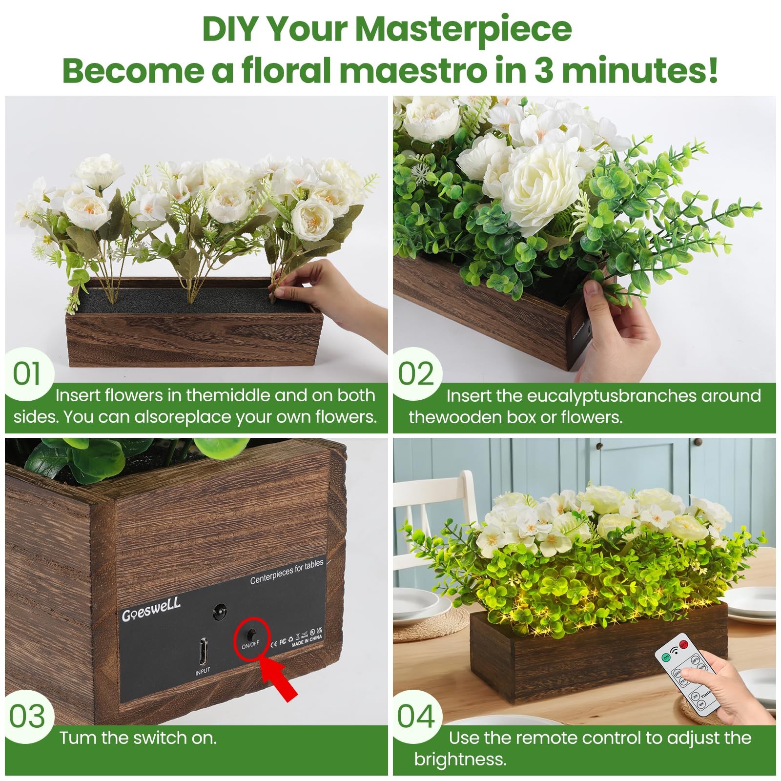 14″ Artificial Peony Hydrangea Flowers Arrangement in Rectangular Wooden Plan…