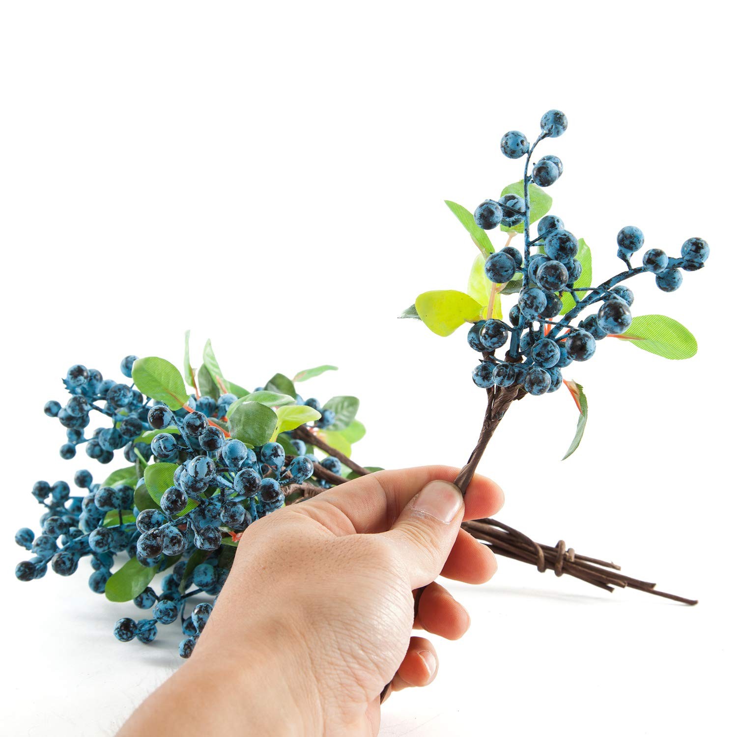 SHACOS Artificial Blue Berry Stems Pack of 20 Fake Blue Berries with Green Le…