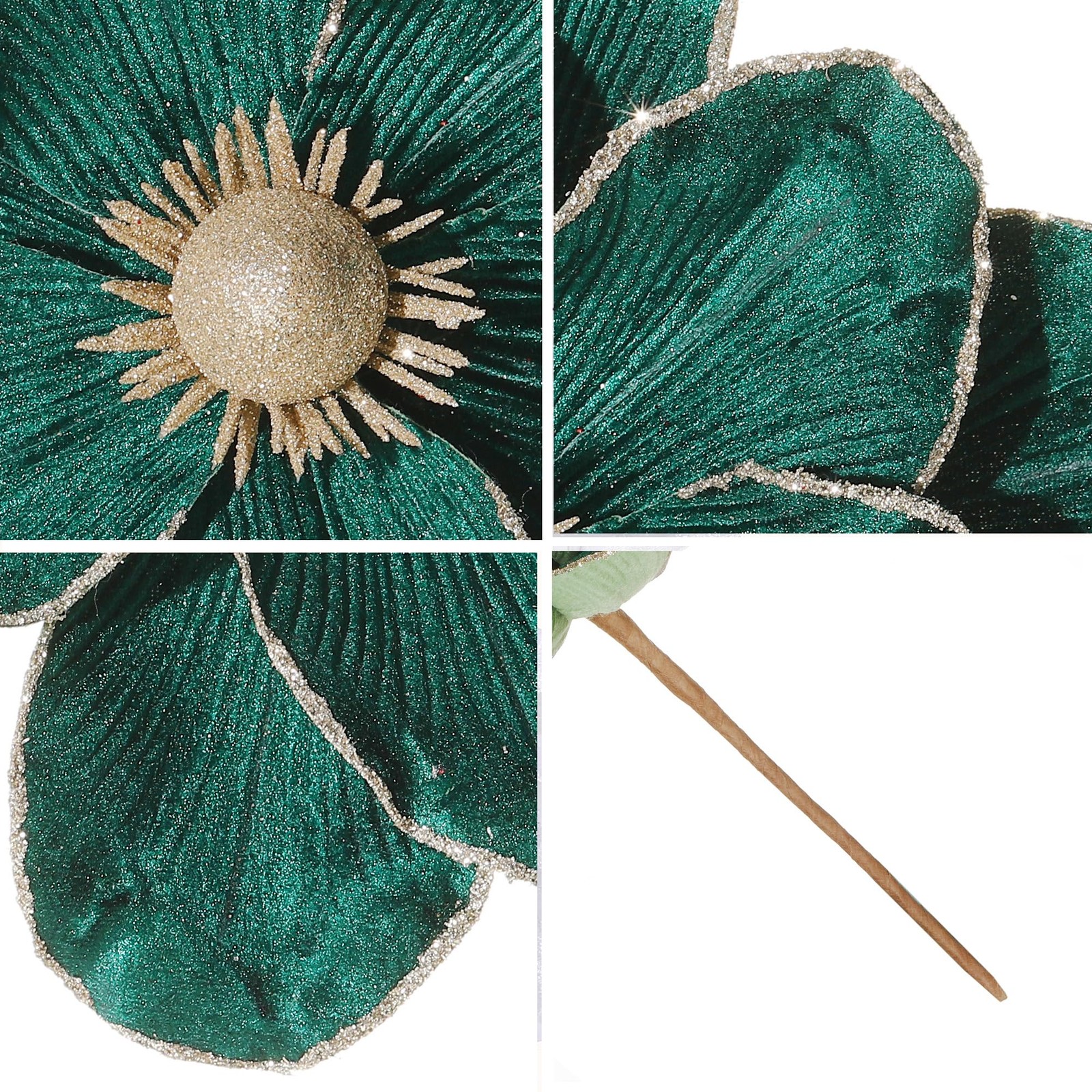 6 PCS Blackish Green 10 In Glitter Artificial Magnolia Christmas Flower Set