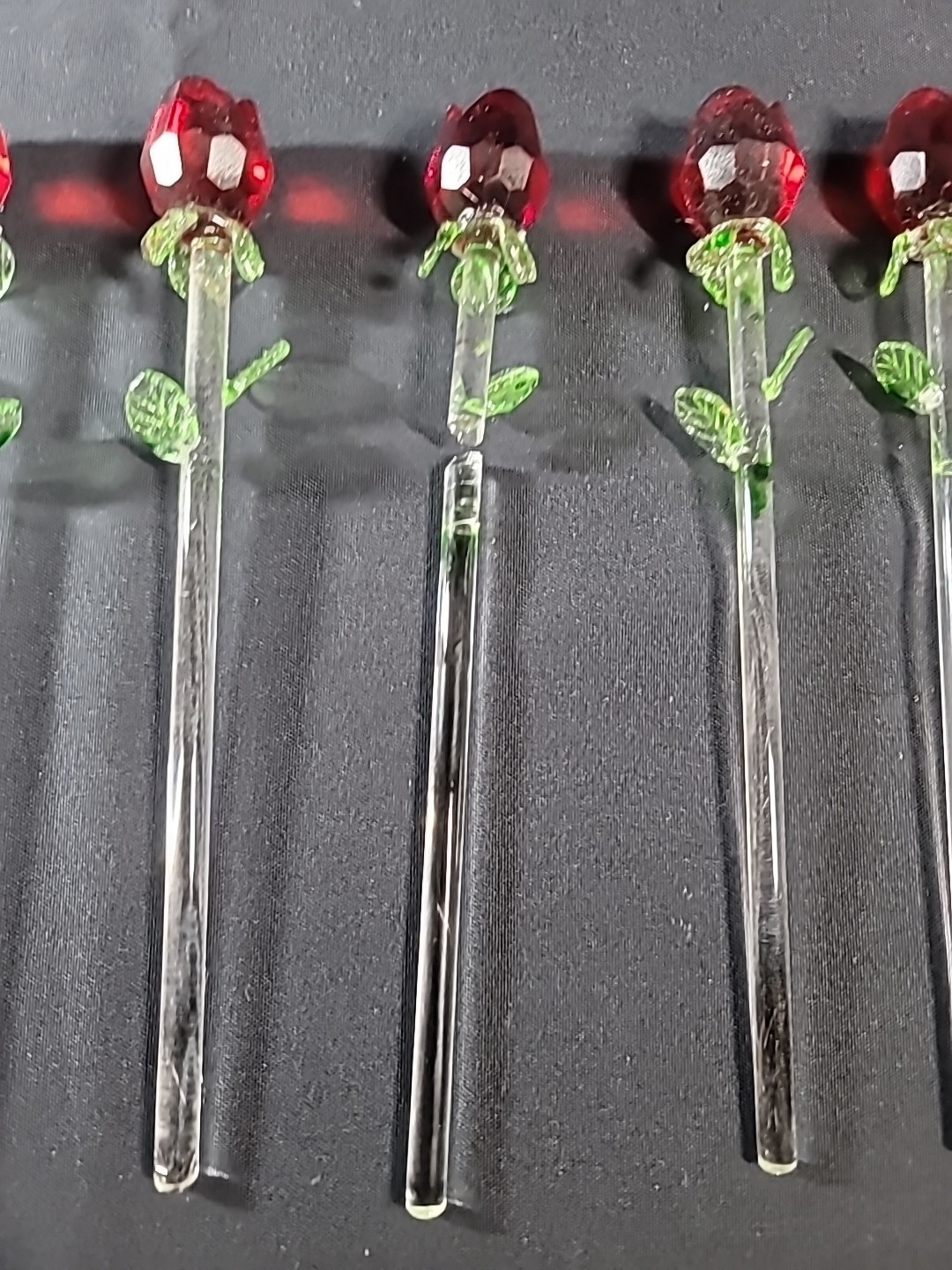 Lot of 6 Crystal Glass Red Rose Clear Green Stem 8” One Broken Piece 4 Repair