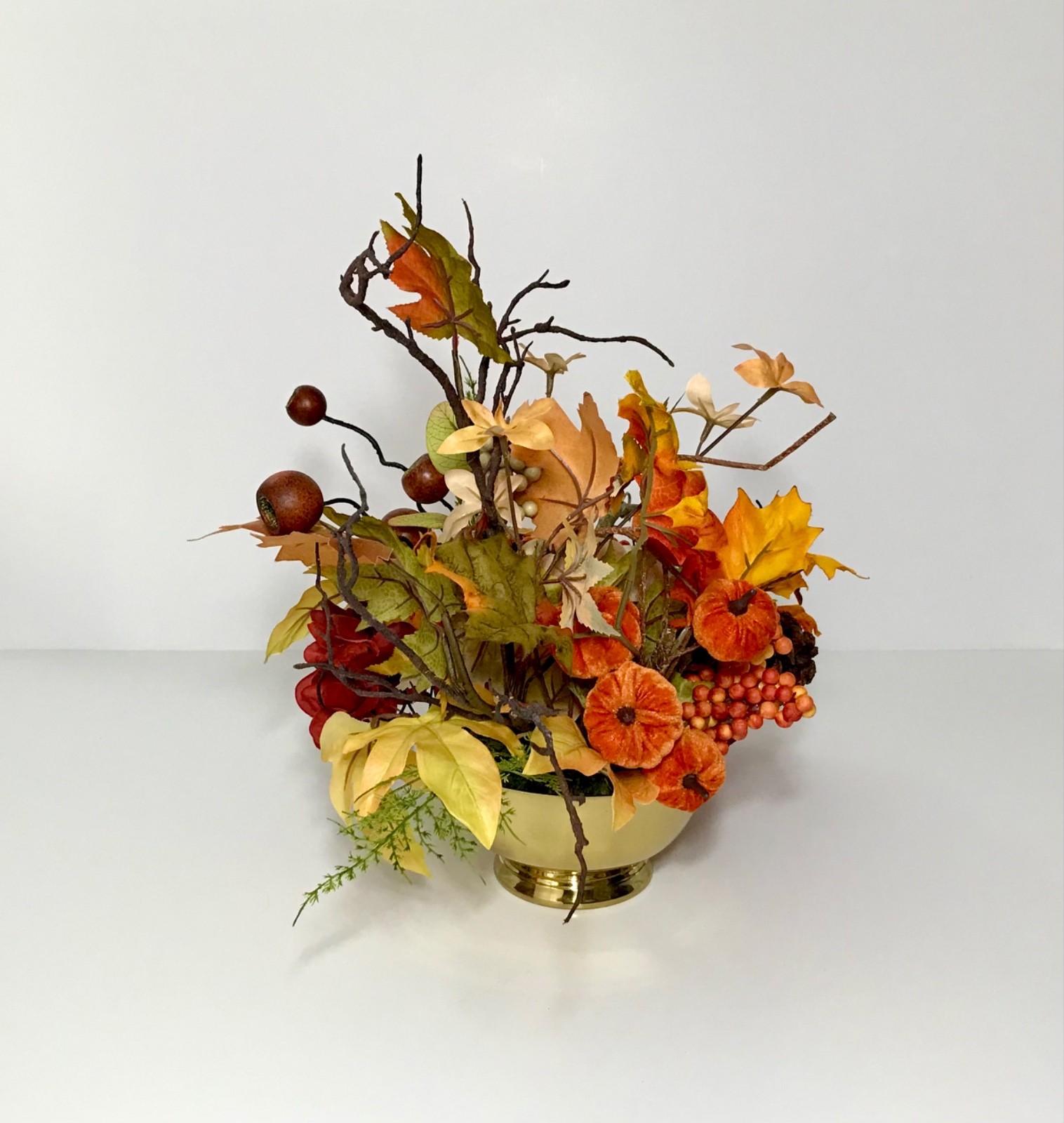 MODERN FALL HARVEST ARRANGEMENT BRASS CONTAINER THANKSGIVING CENTERPIECE TABLE