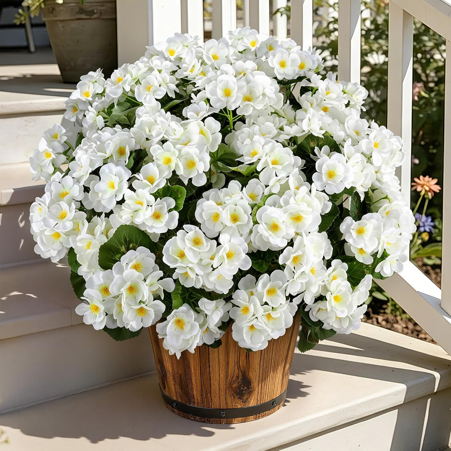 Geraniums Artificial Flowers for Outdoors, UV Resistant, White | Plastic Flowers