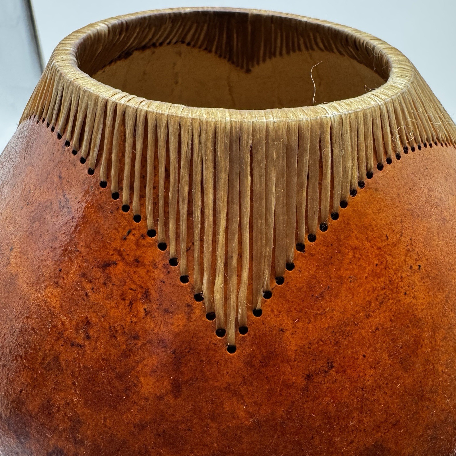 Home decor Gourd large primitive folk art Woven Trim dried flower vase