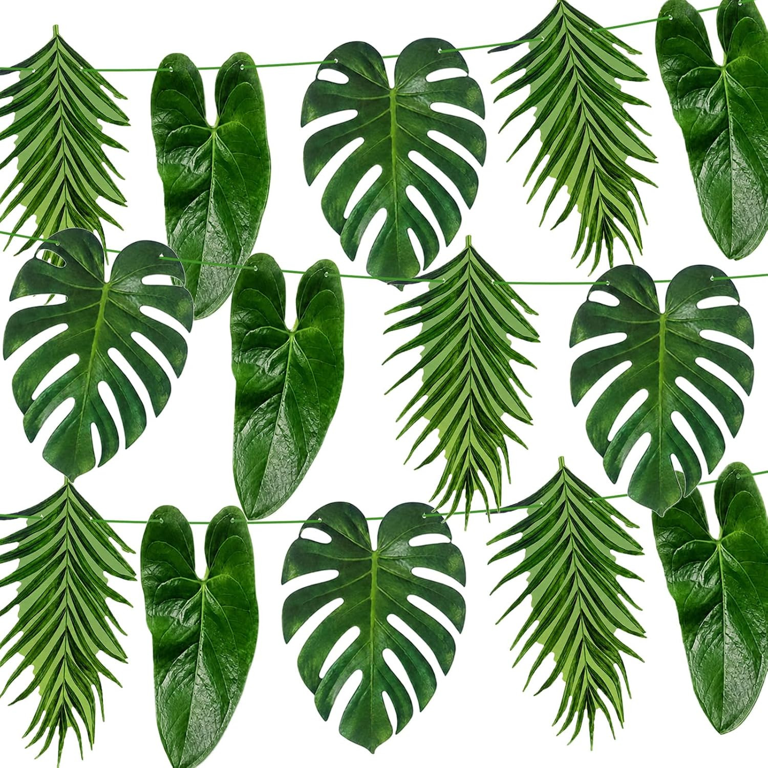 Tropical Leaf Garland with Palm and Monstera Leaves, Hanging Hawaiian Cardboard